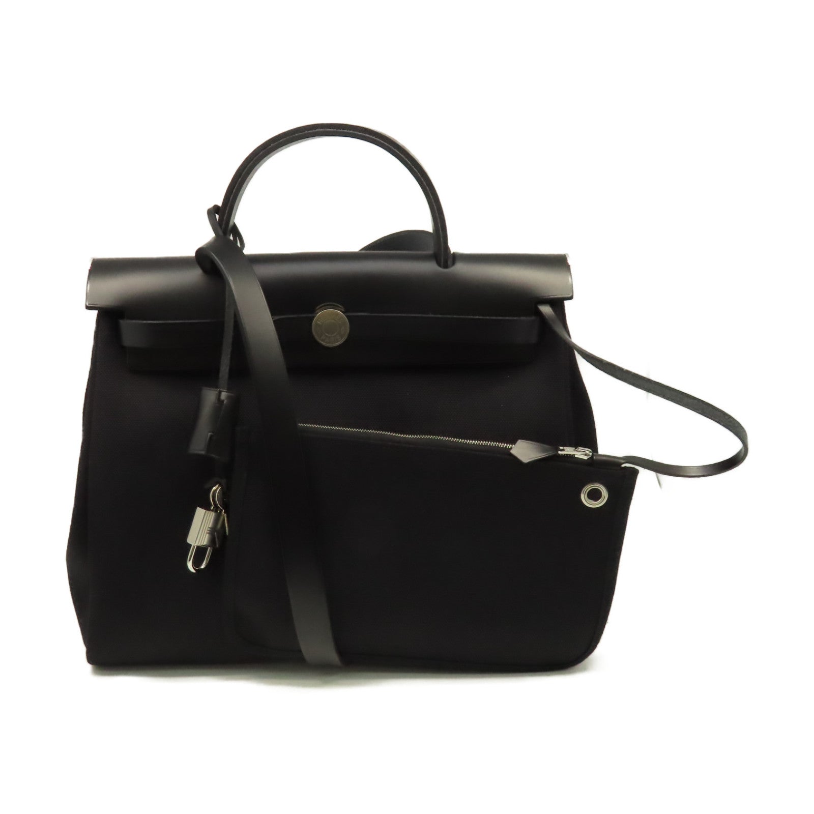 HERMES 帆布Herbag PM 2Way Shoulder Bag銀扣手挽肩背兩用袋黑色