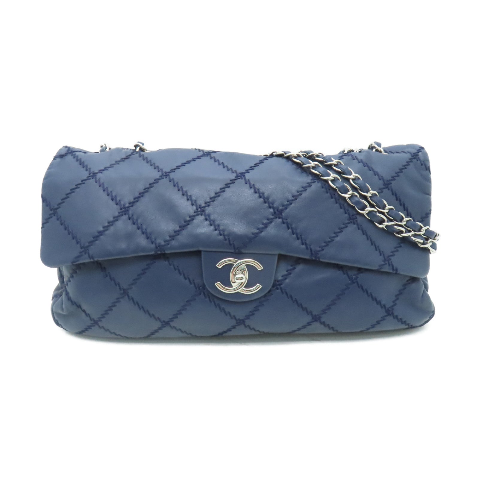 CHANEL 菱格皮革Chain Shoulder銀扣鏈帶肩背袋深藍色