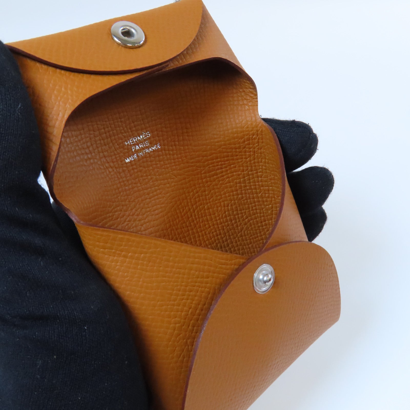 HERMES Epsom皮革Bastia銀扣零錢包經典駝色