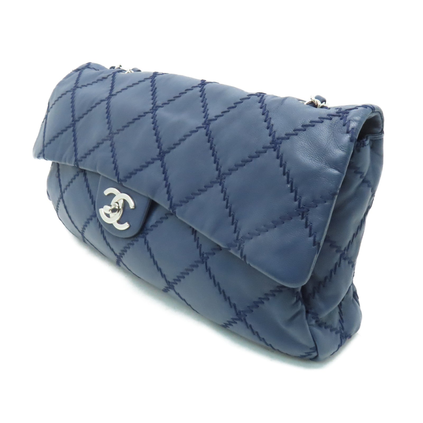 CHANEL 菱格皮革Chain Shoulder銀扣鏈帶肩背袋深藍色