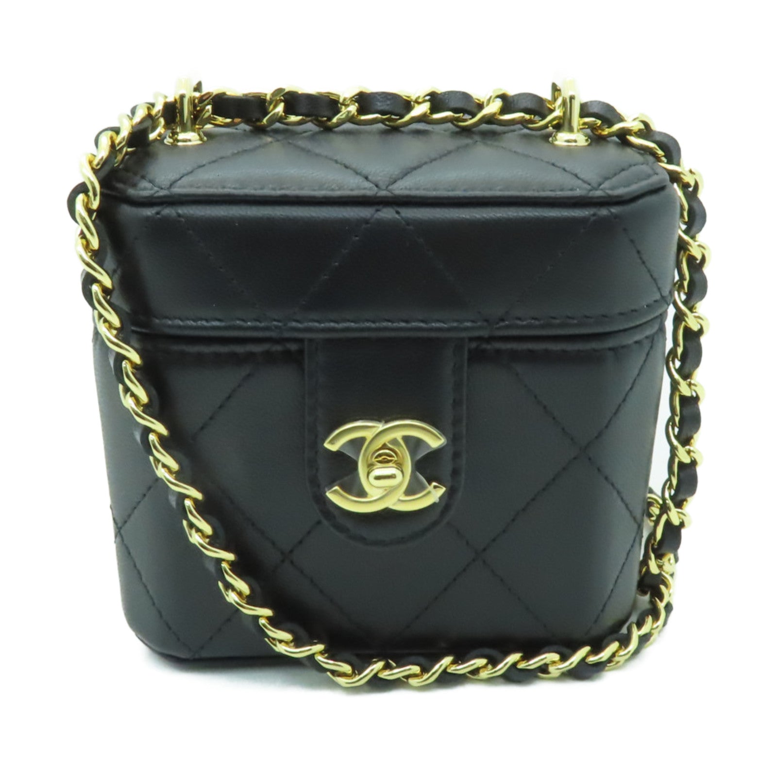 CHANEL 菱格牛皮皮革Chain Shoulder Bag金扣鏈帶肩背袋黒色