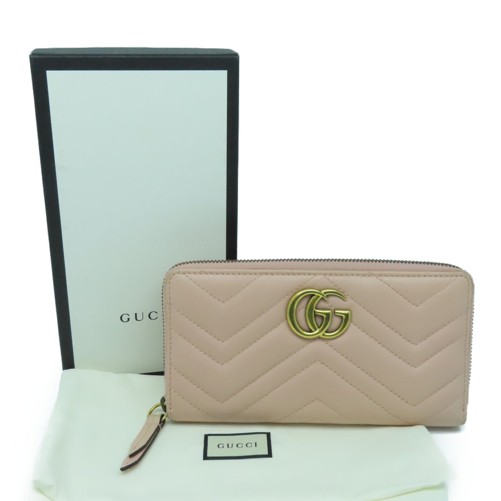 GUCCI 斜纹牛皮皮革Marmont Wallet金扣长钱包粉红色