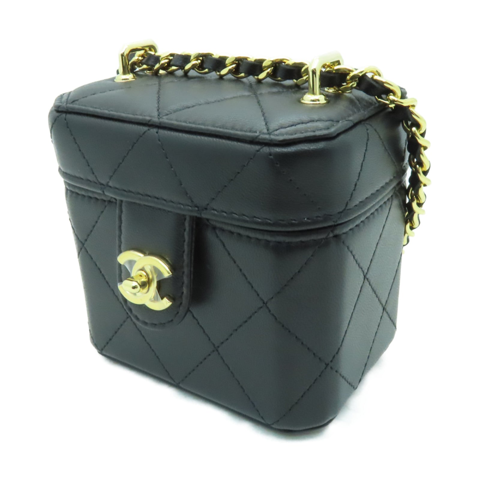 CHANEL 菱格牛皮皮革Chain Shoulder Bag金扣鏈帶肩背袋黒色