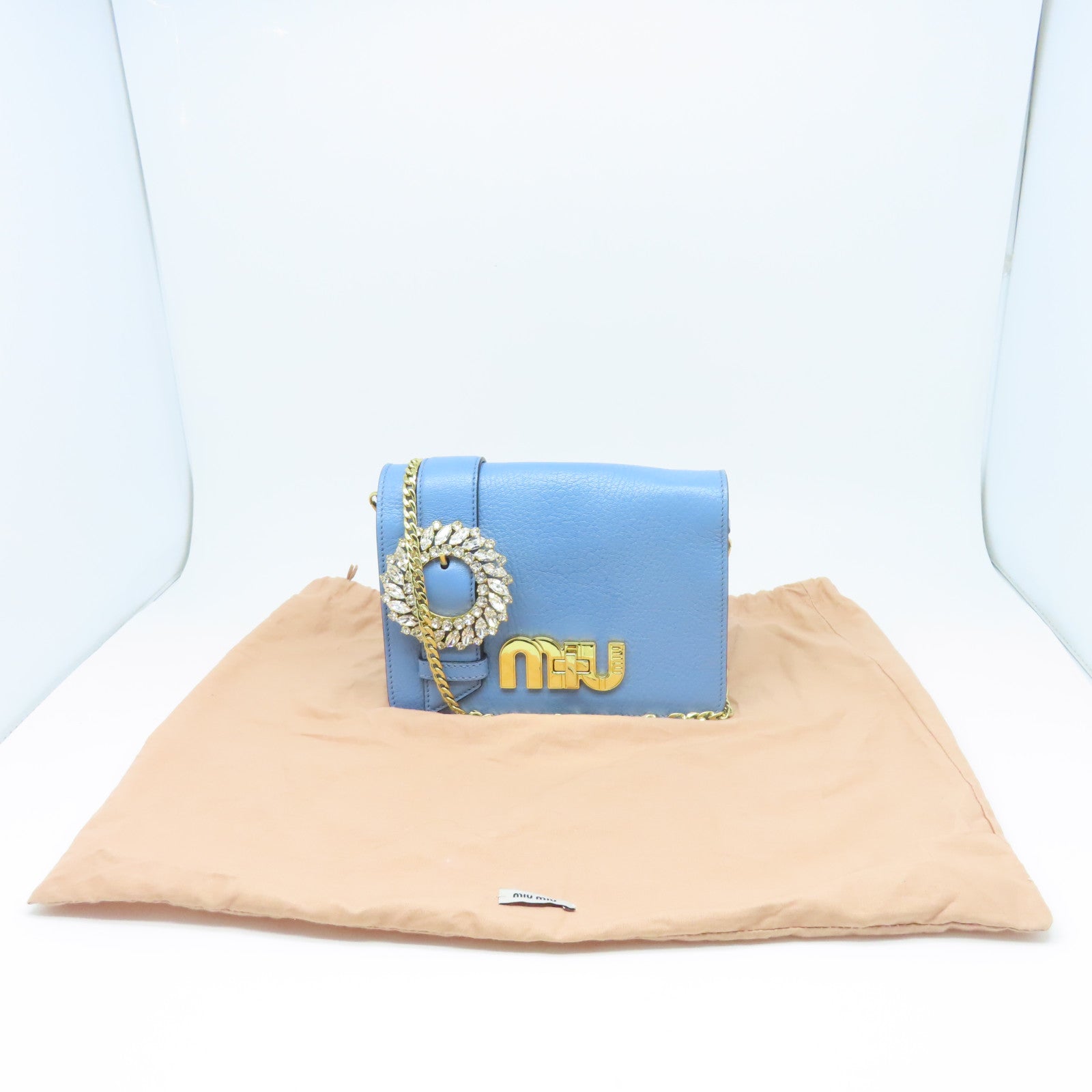 Miu Miu 牛皮皮革Chain Shoulder金扣鏈帶肩背袋藍色