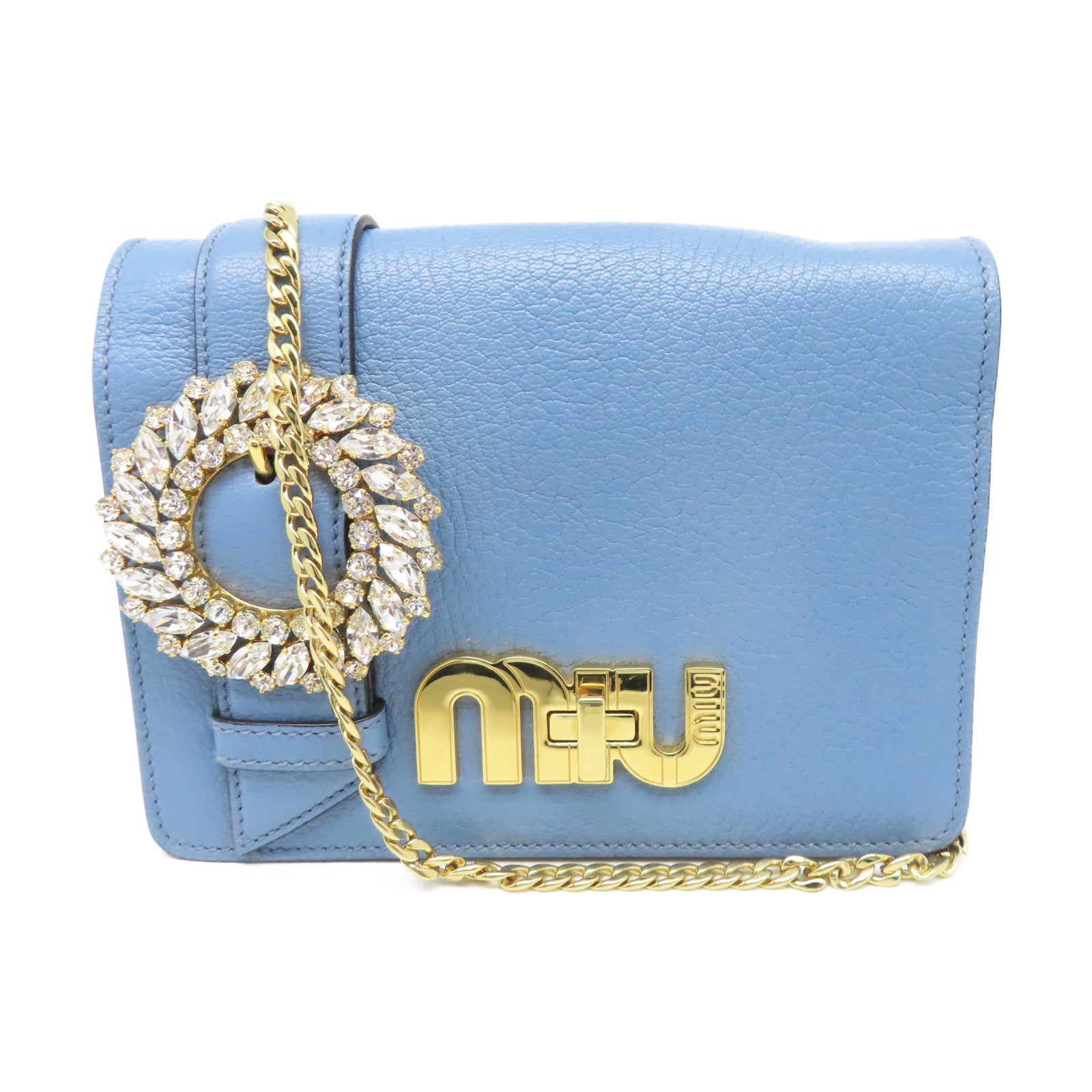 Miu Miu 牛皮皮革Chain Shoulder金扣鏈帶肩背袋藍色