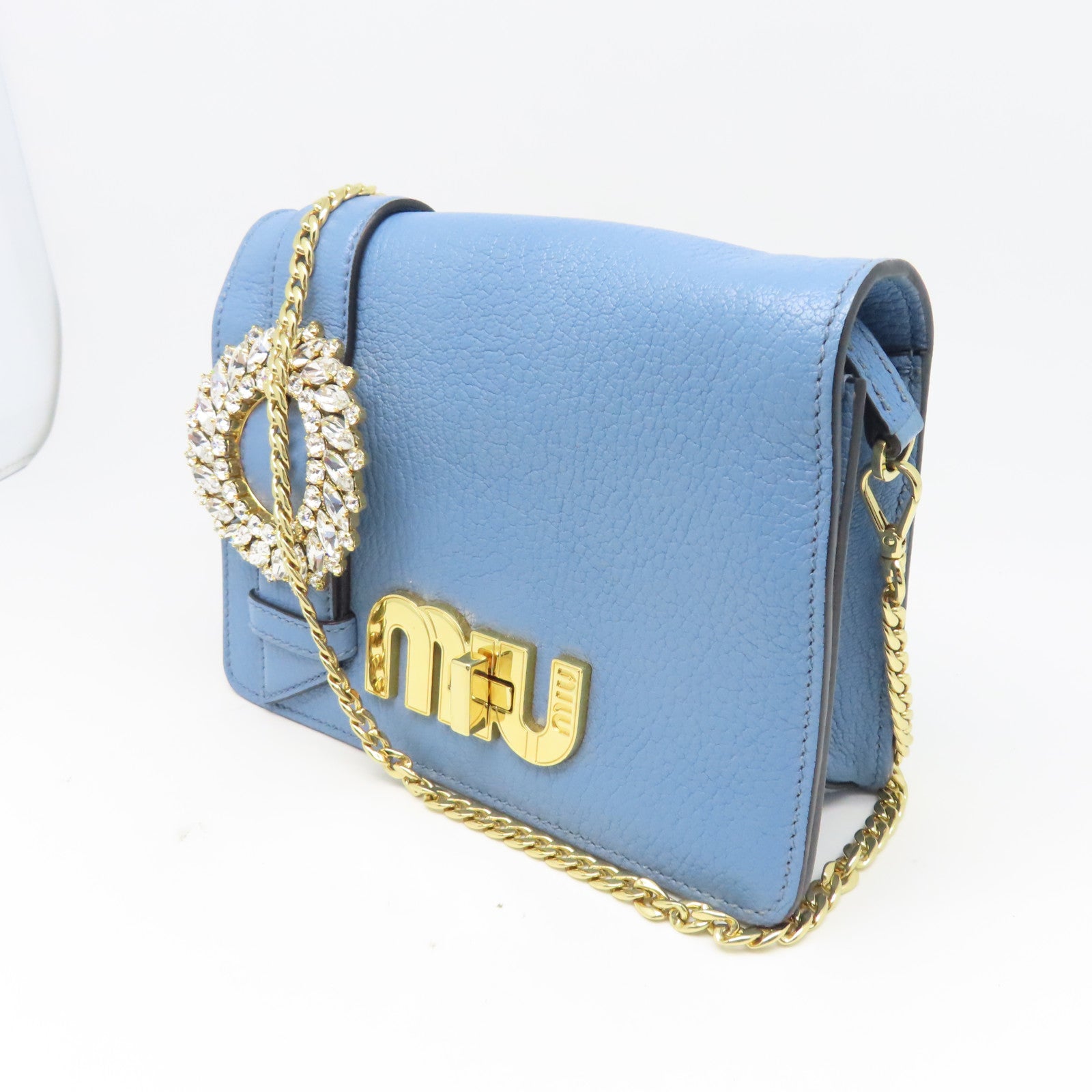 Miu Miu 牛皮皮革Chain Shoulder金扣鏈帶肩背袋藍色