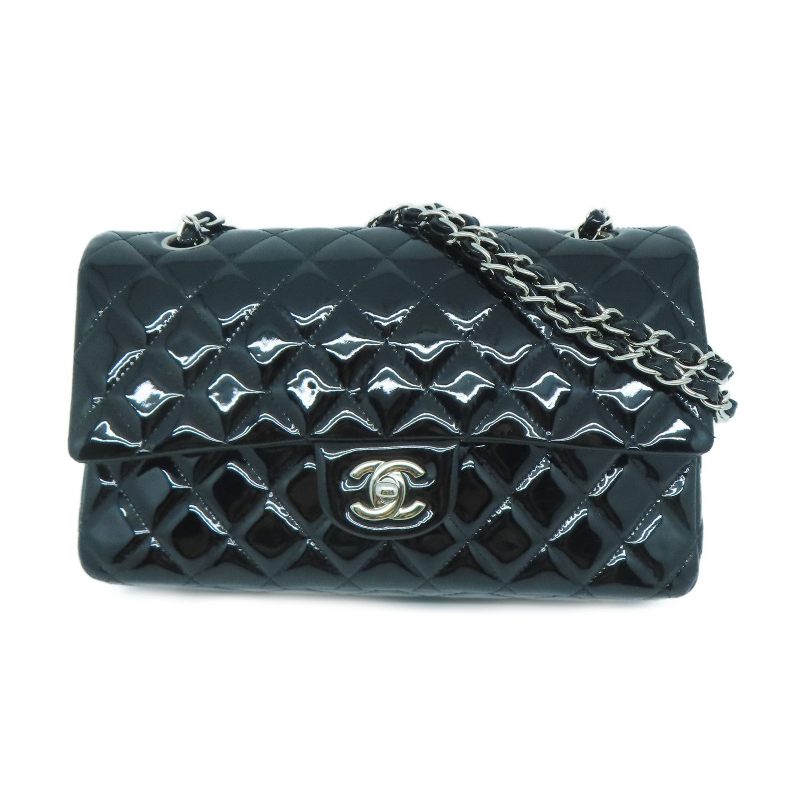 CHANEL 漆皮皮革Enamel Classic 25cm銀扣鏈帶肩背袋黑色