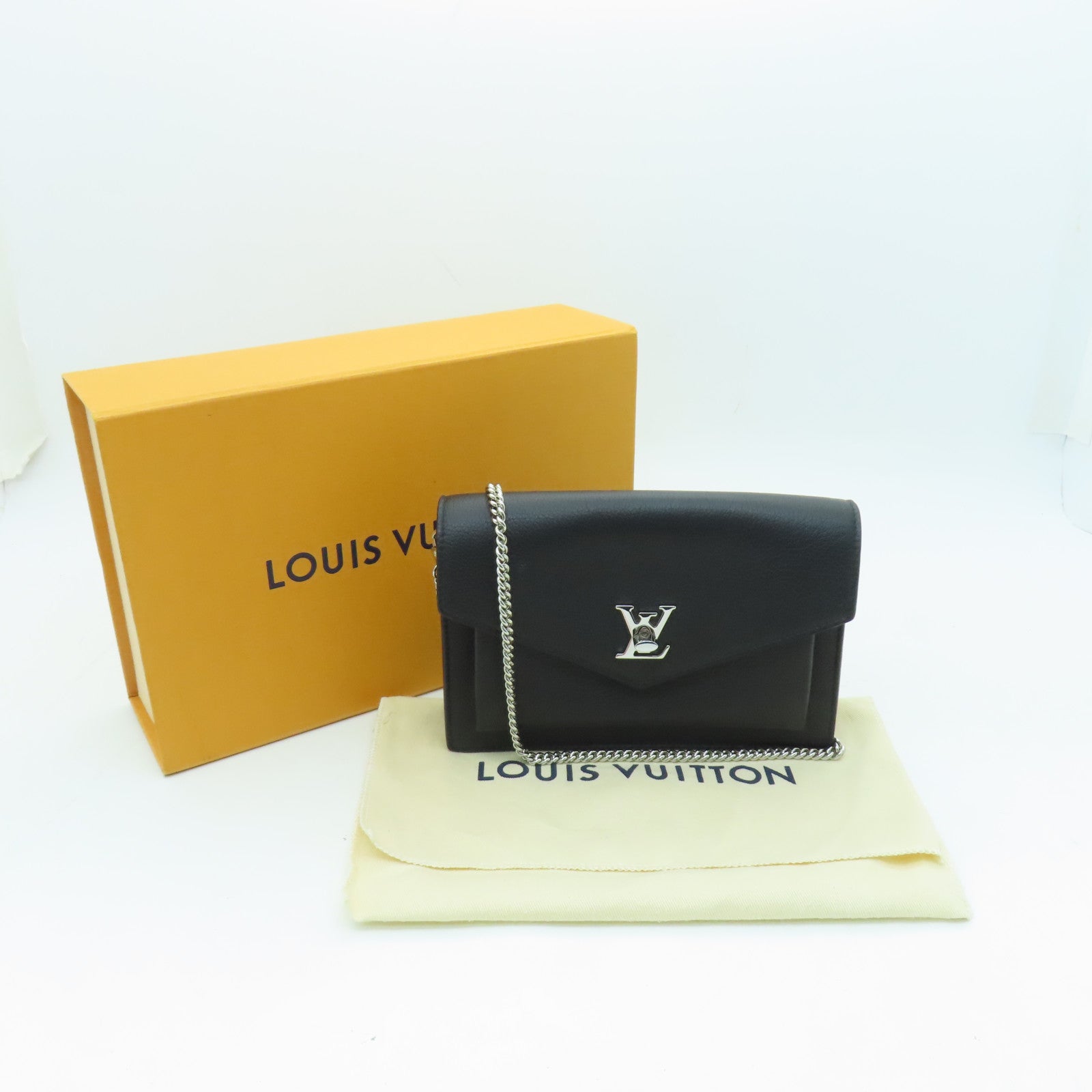 LOUIS VUITTON Leather Mylockme Chain Pochette Silver Buckle Shoulder Bag Black