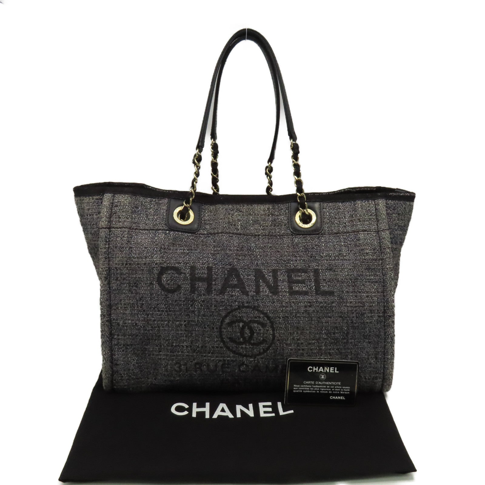 CHANEL 帆布Tote Bag金扣肩背袋碳灰色