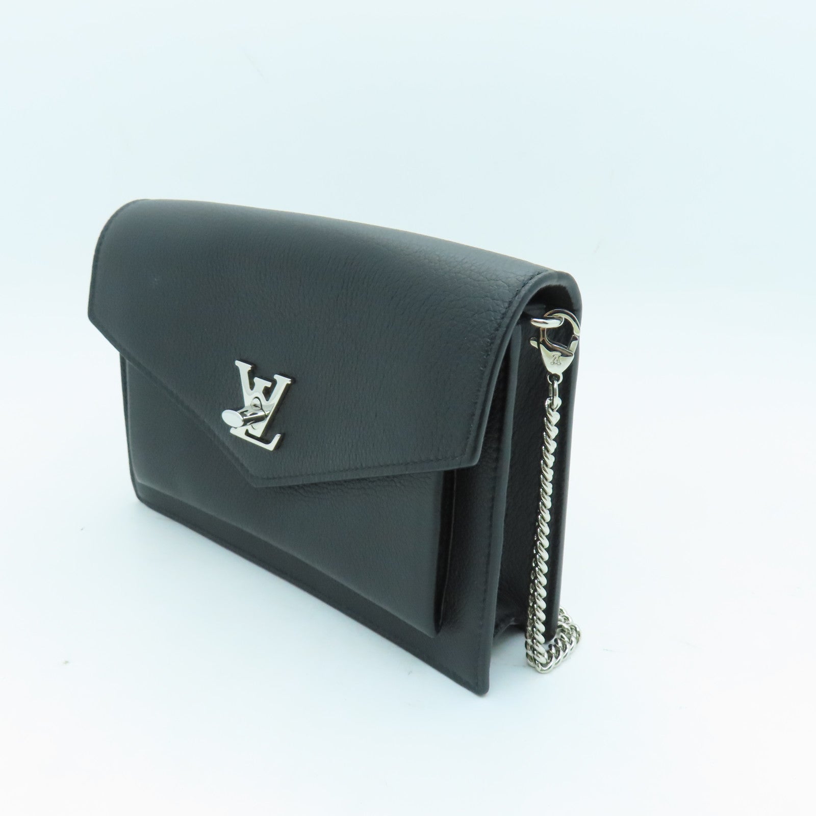 LOUIS VUITTON Leather Mylockme Chain Pochette Silver Buckle Shoulder Bag Black