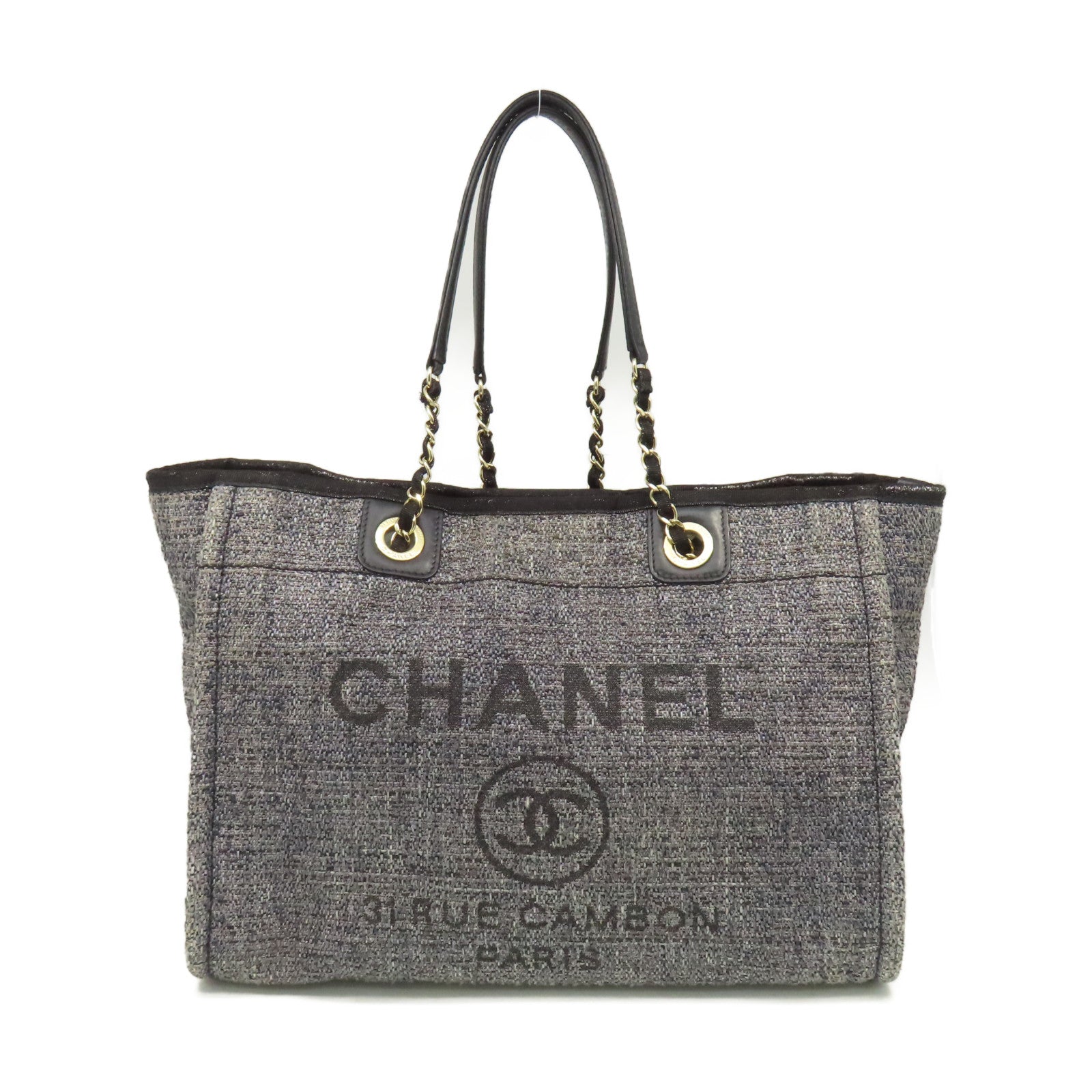 CHANEL 帆布Tote Bag金扣肩背袋碳灰色