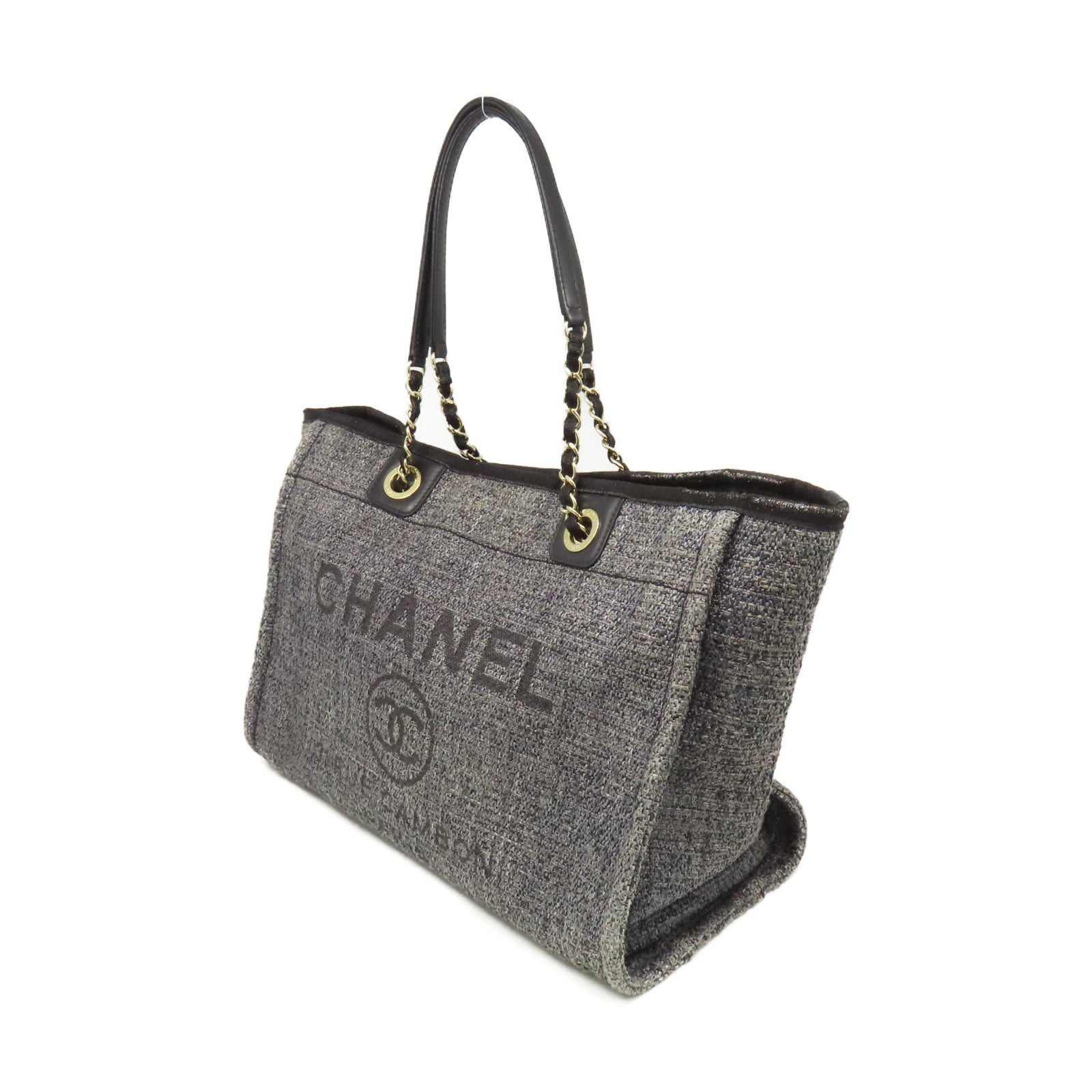 CHANEL 帆布Tote Bag金扣肩背袋碳灰色