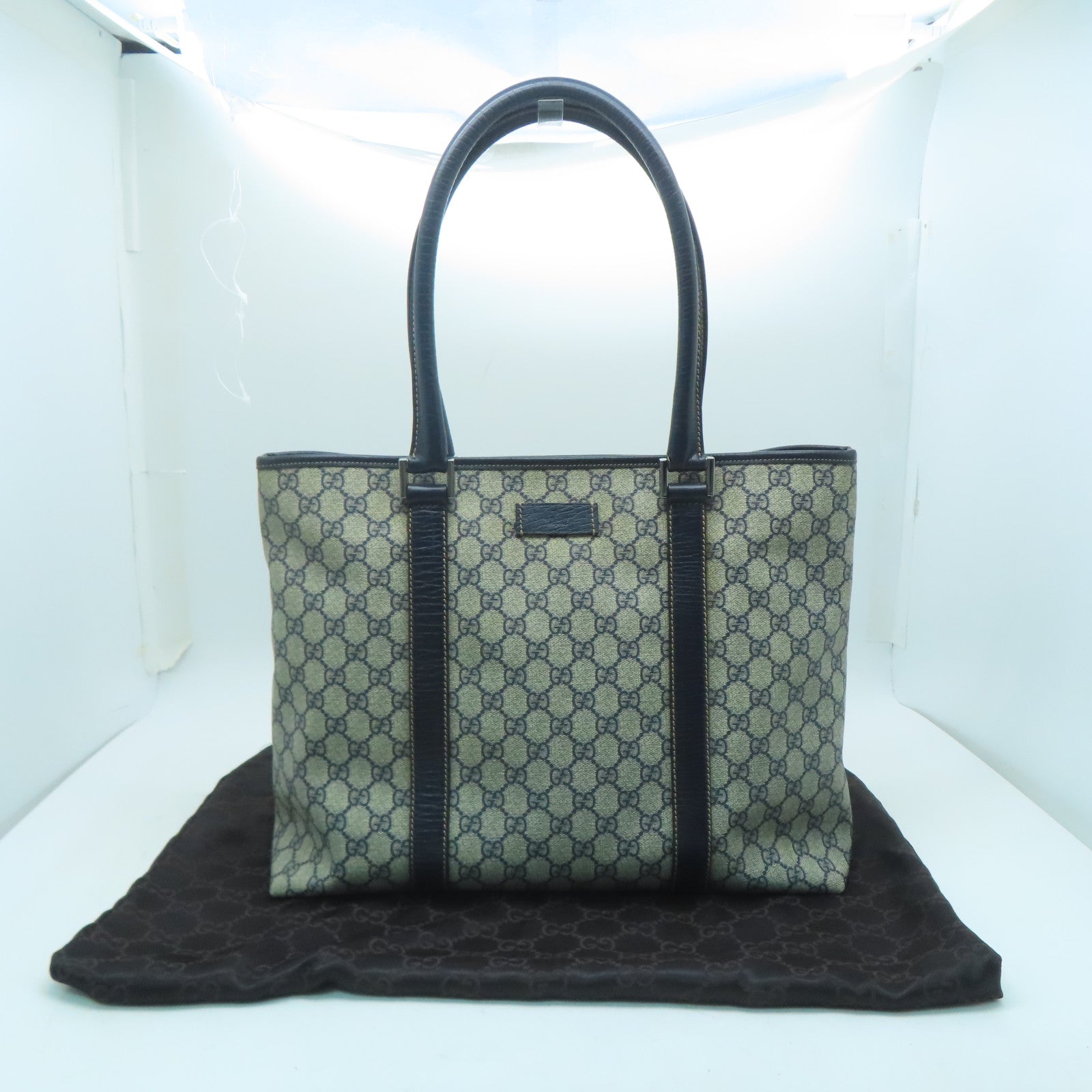 GUCCI 塗層帆布Tote Bag銀扣肩背袋灰色/藍色