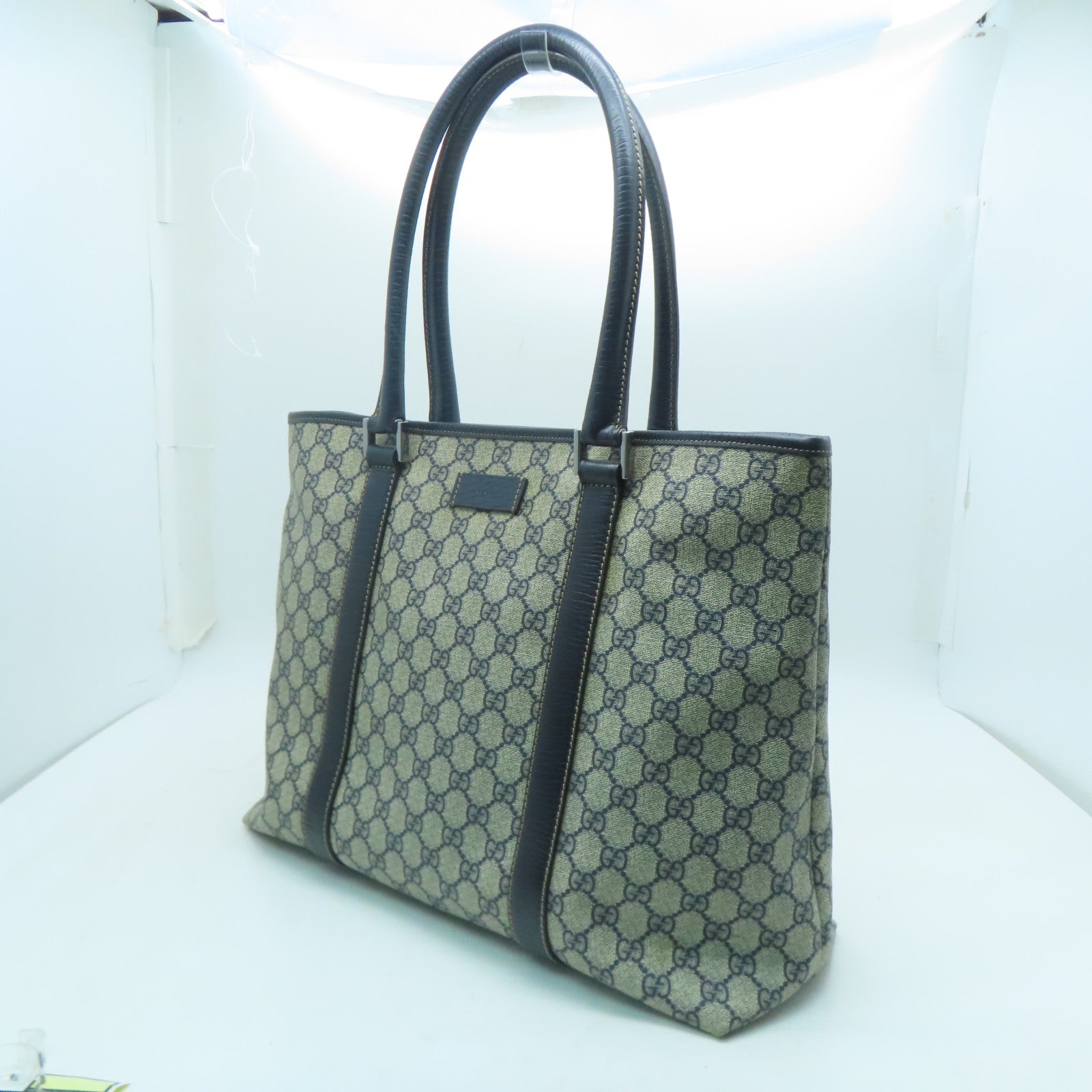 GUCCI 塗層帆布Tote Bag銀扣肩背袋灰色/藍色