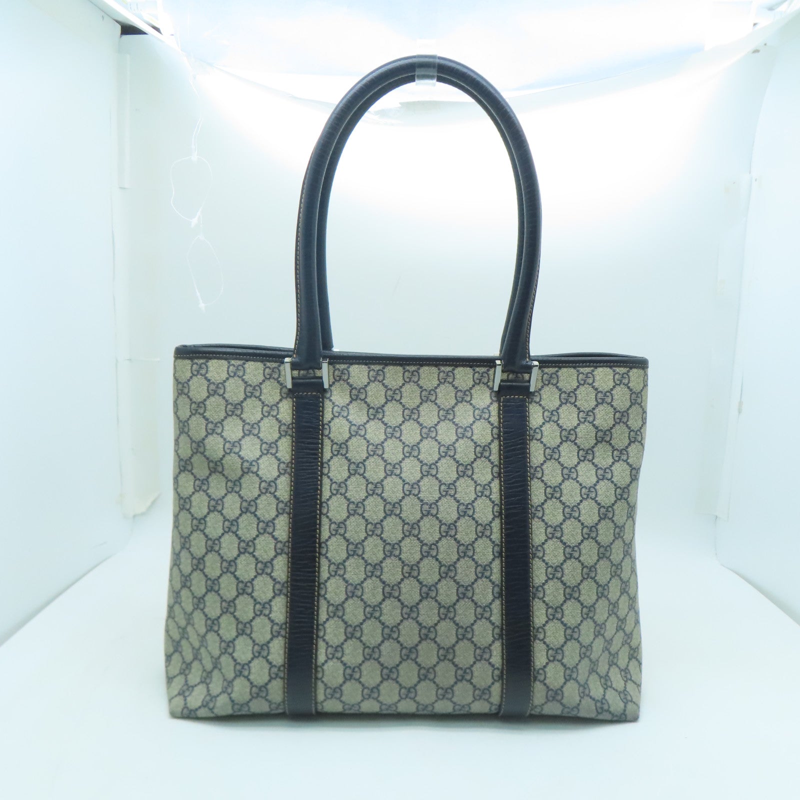 GUCCI 塗層帆布Tote Bag銀扣肩背袋灰色/藍色