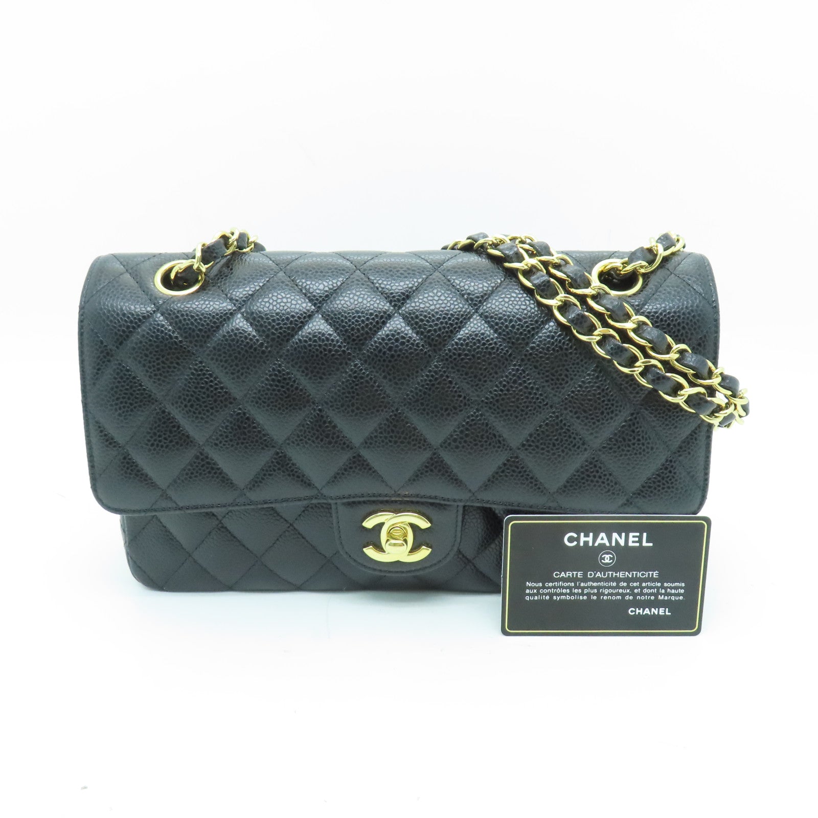 CHANEL 菱格Caviar皮革Classic金扣鏈帶肩背袋黑色