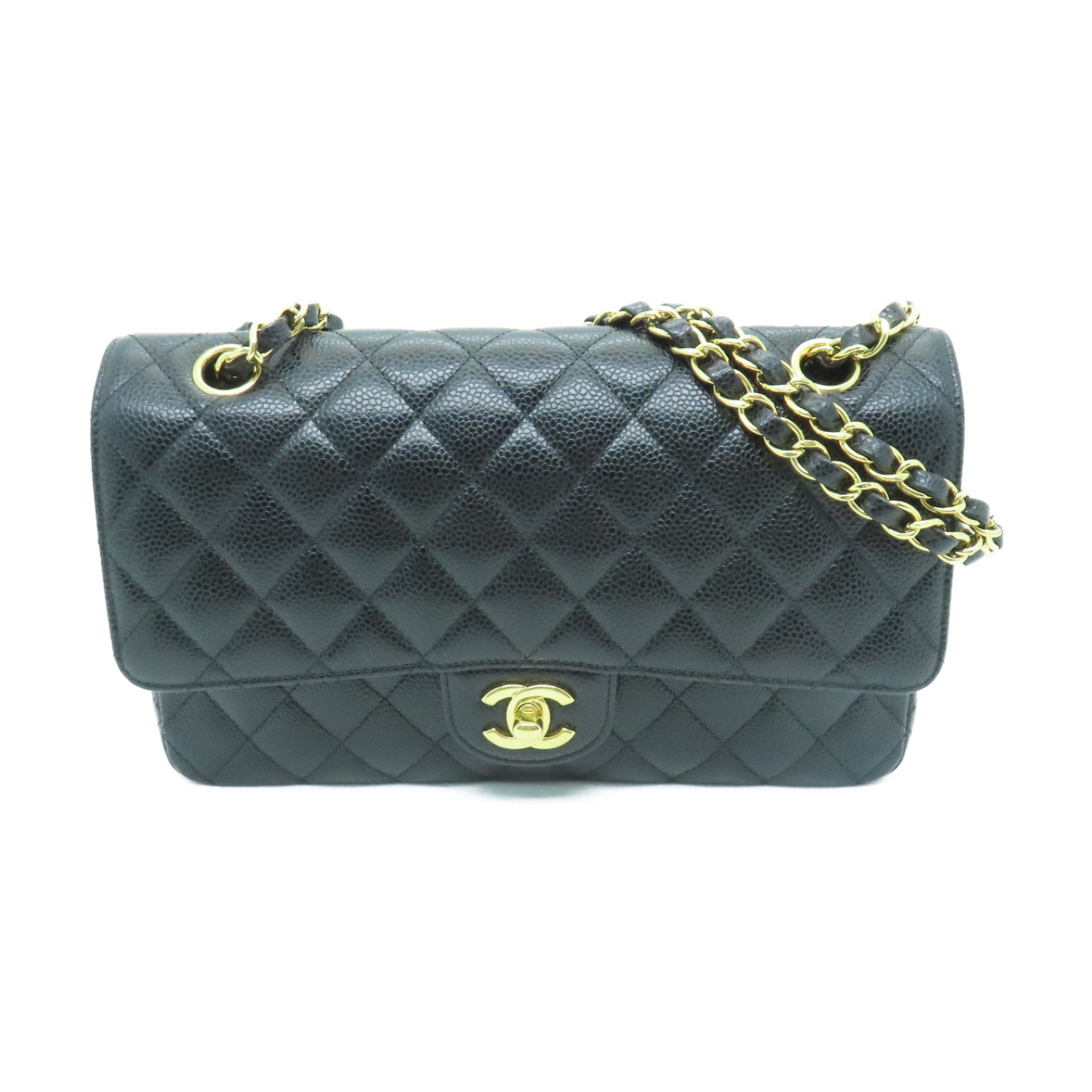 CHANEL 菱格Caviar皮革Classic金扣鏈帶肩背袋黑色