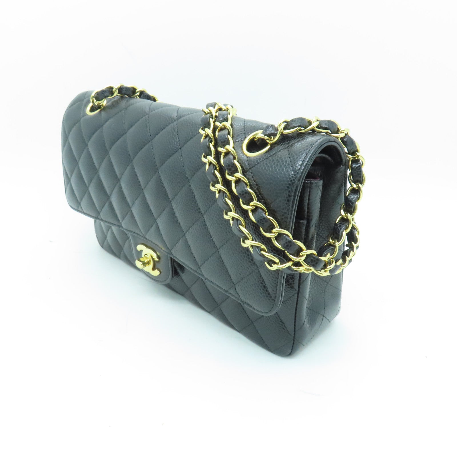 CHANEL 菱格Caviar皮革Classic金扣鏈帶肩背袋黑色