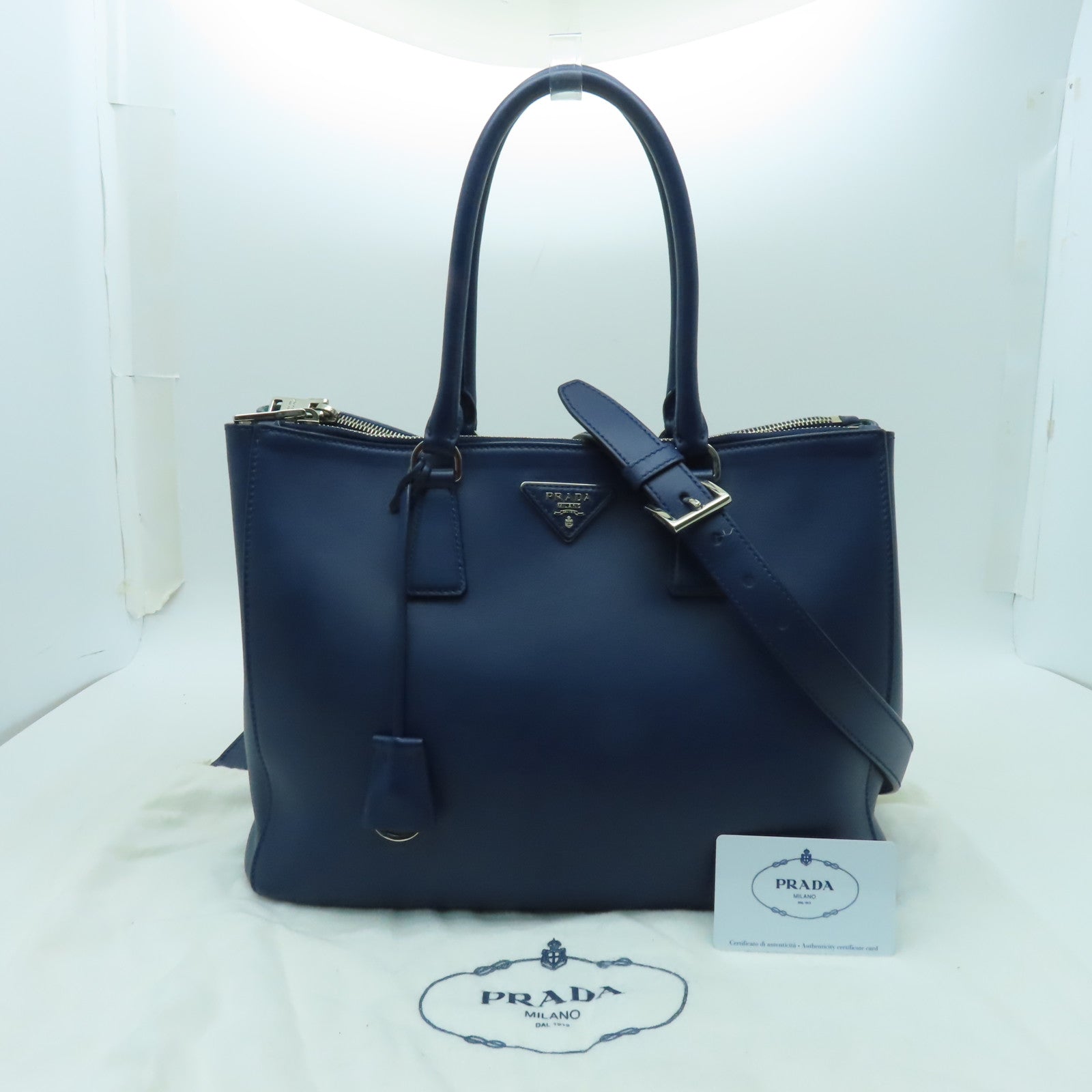 PRADA 牛皮皮革2 Way Shoulder銀扣手挽肩背兩用袋藍色