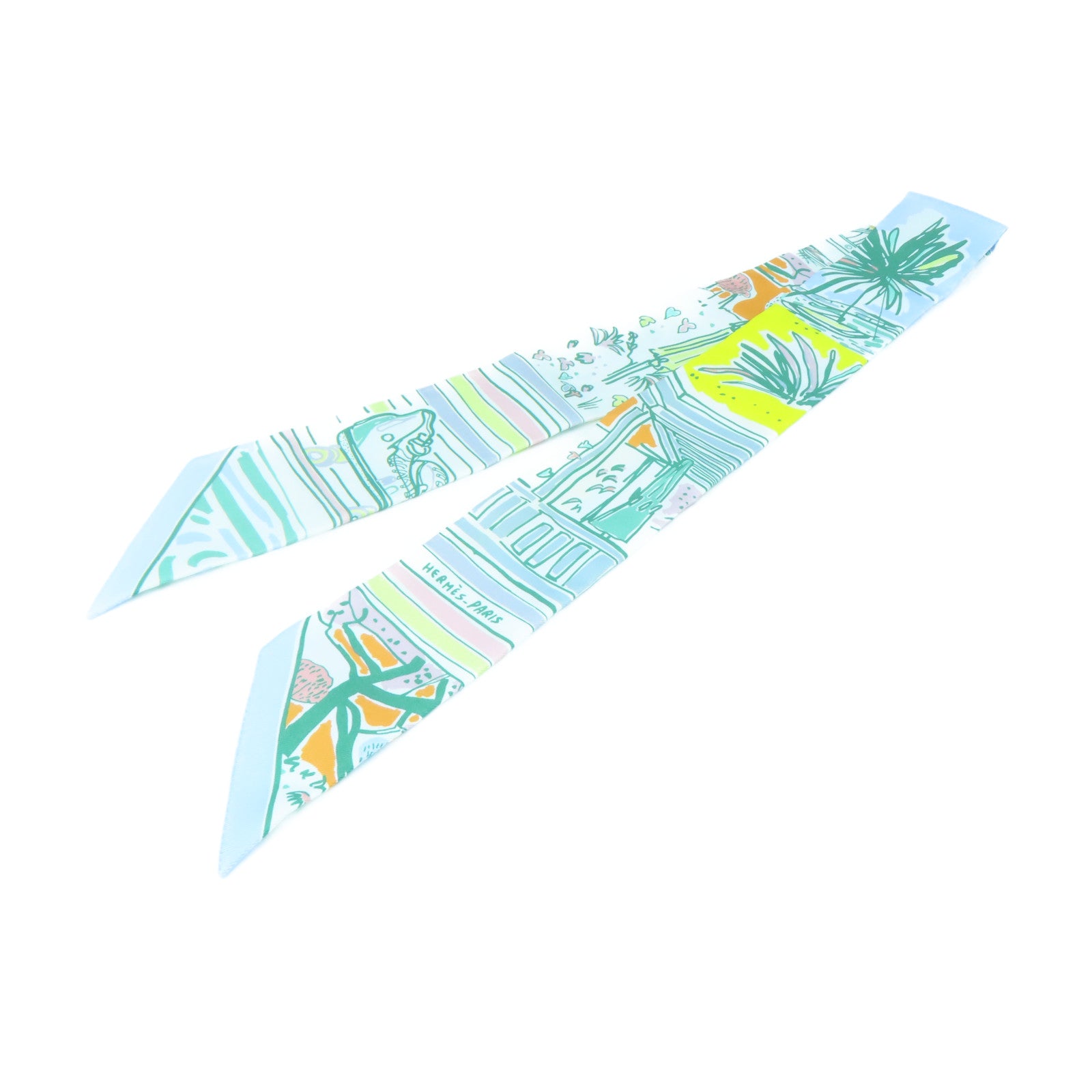 HERMES 絲質Twilly絲巾綠色/橙色/黃色