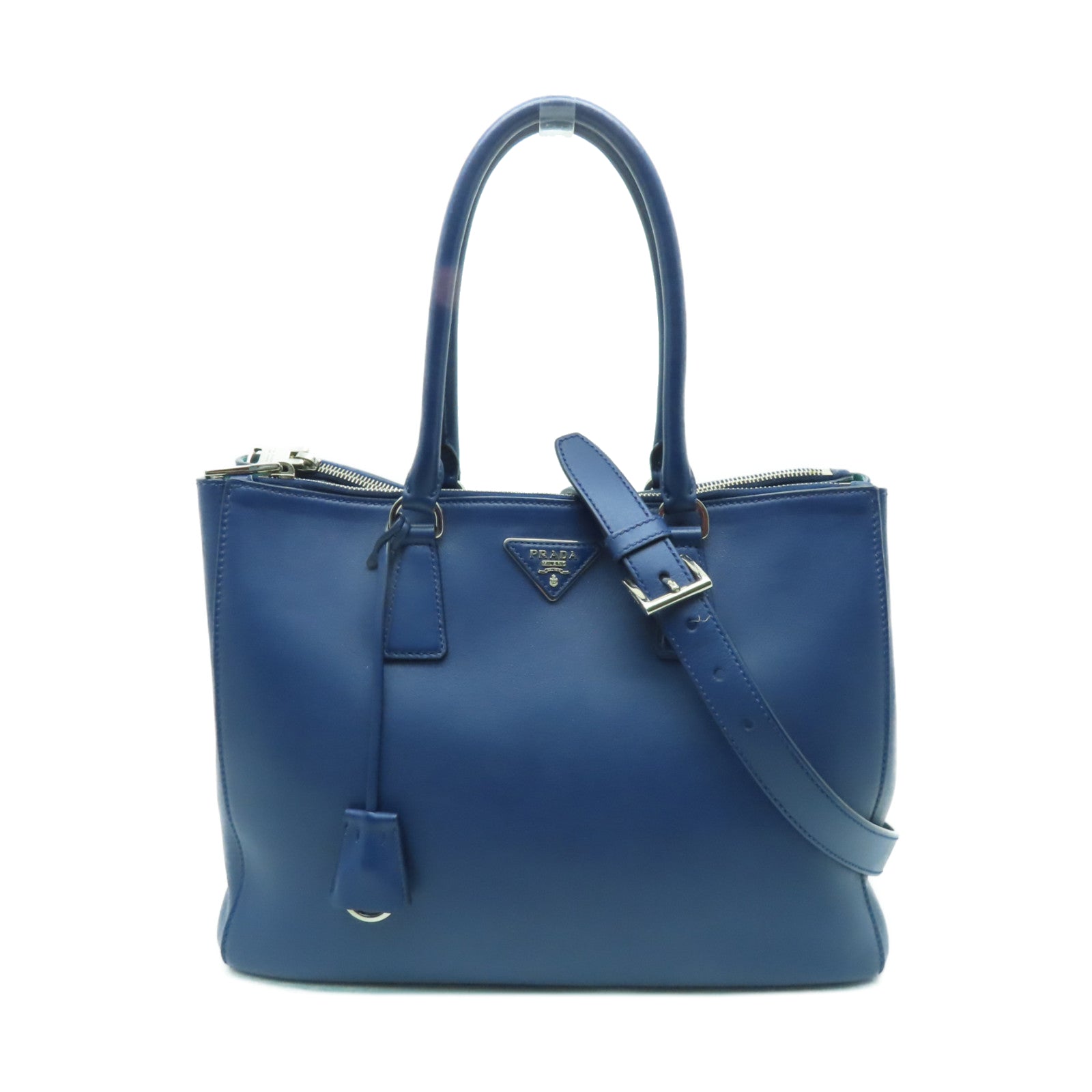 PRADA 牛皮皮革2 Way Shoulder銀扣手挽肩背兩用袋藍色