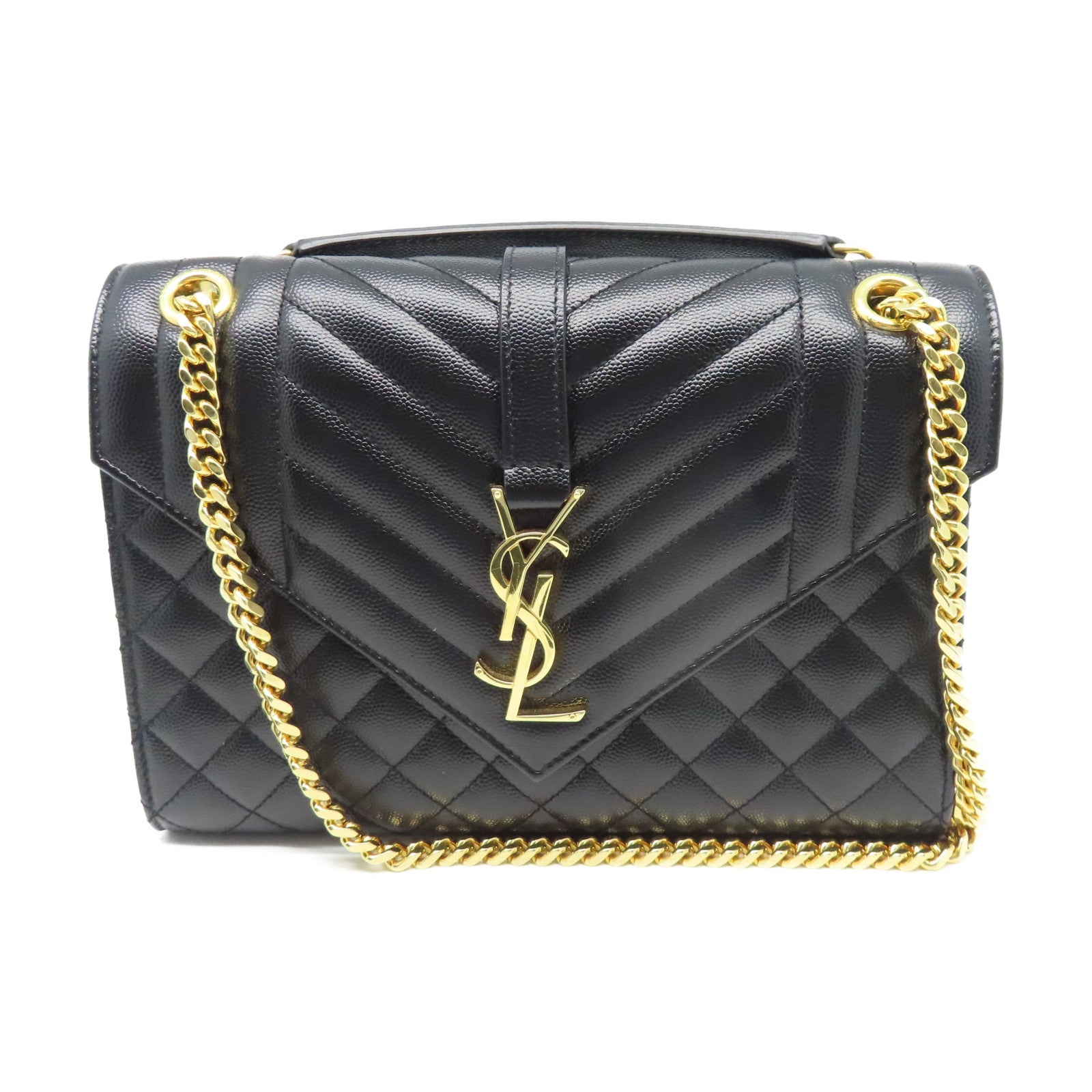 YVES SAINT LAURENT 斜紋牛皮皮革Envelope Medium Bag金扣鏈帶肩背袋黑色