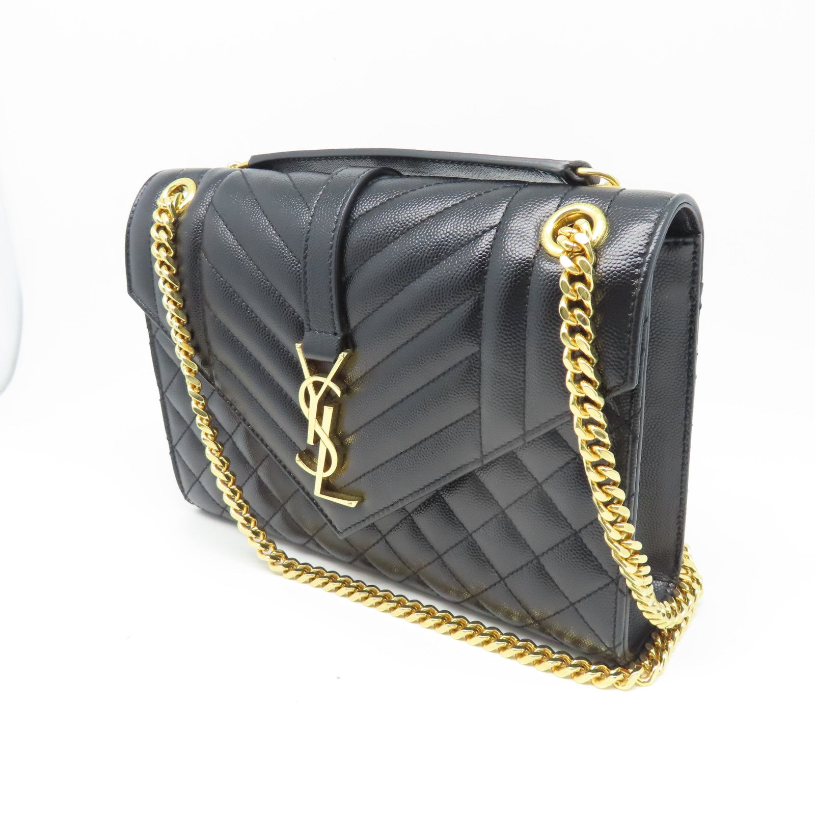 YVES SAINT LAURENT 斜紋牛皮皮革Envelope Medium Bag金扣鏈帶肩背袋黑色