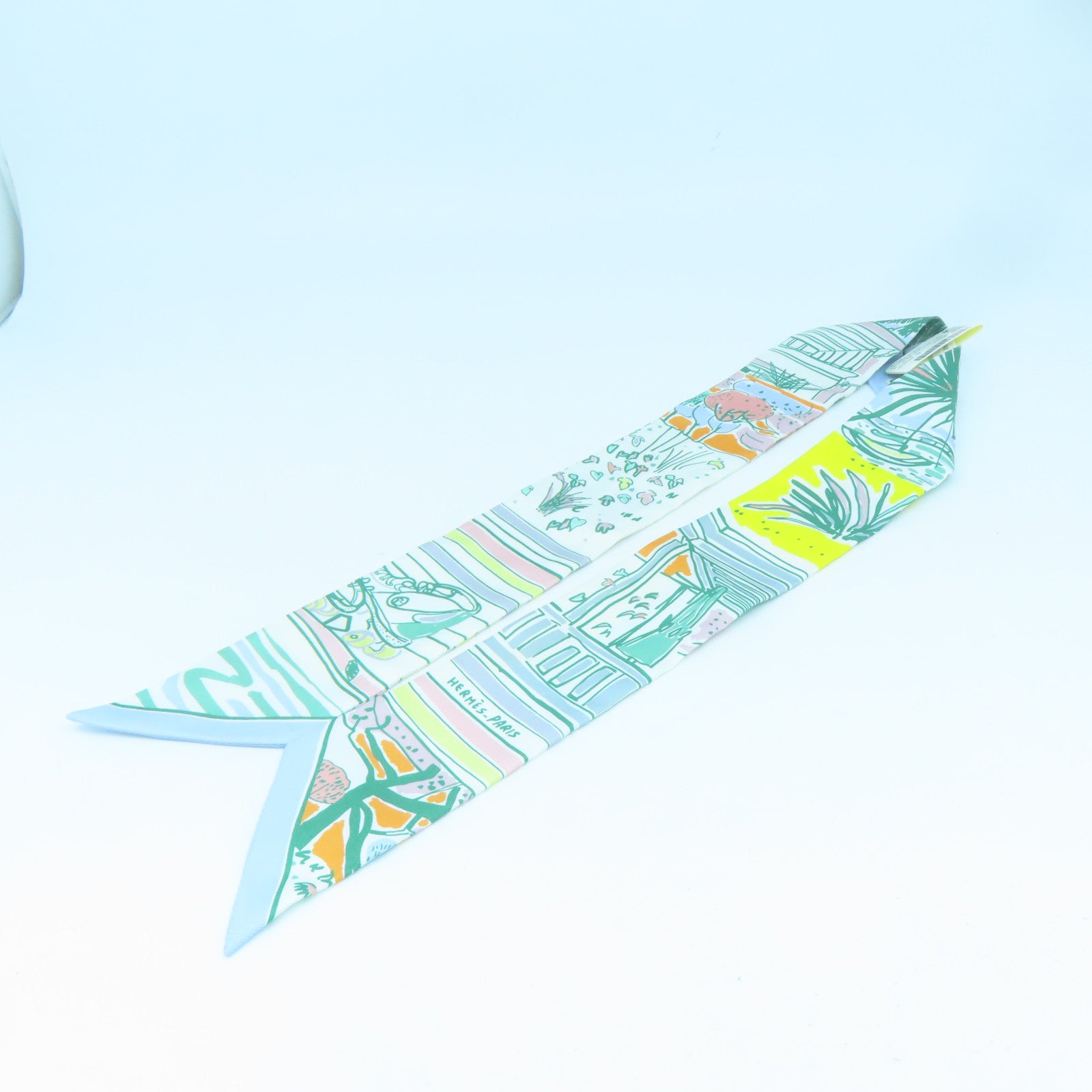 HERMES 絲質Twilly絲巾綠色/橙色/黃色