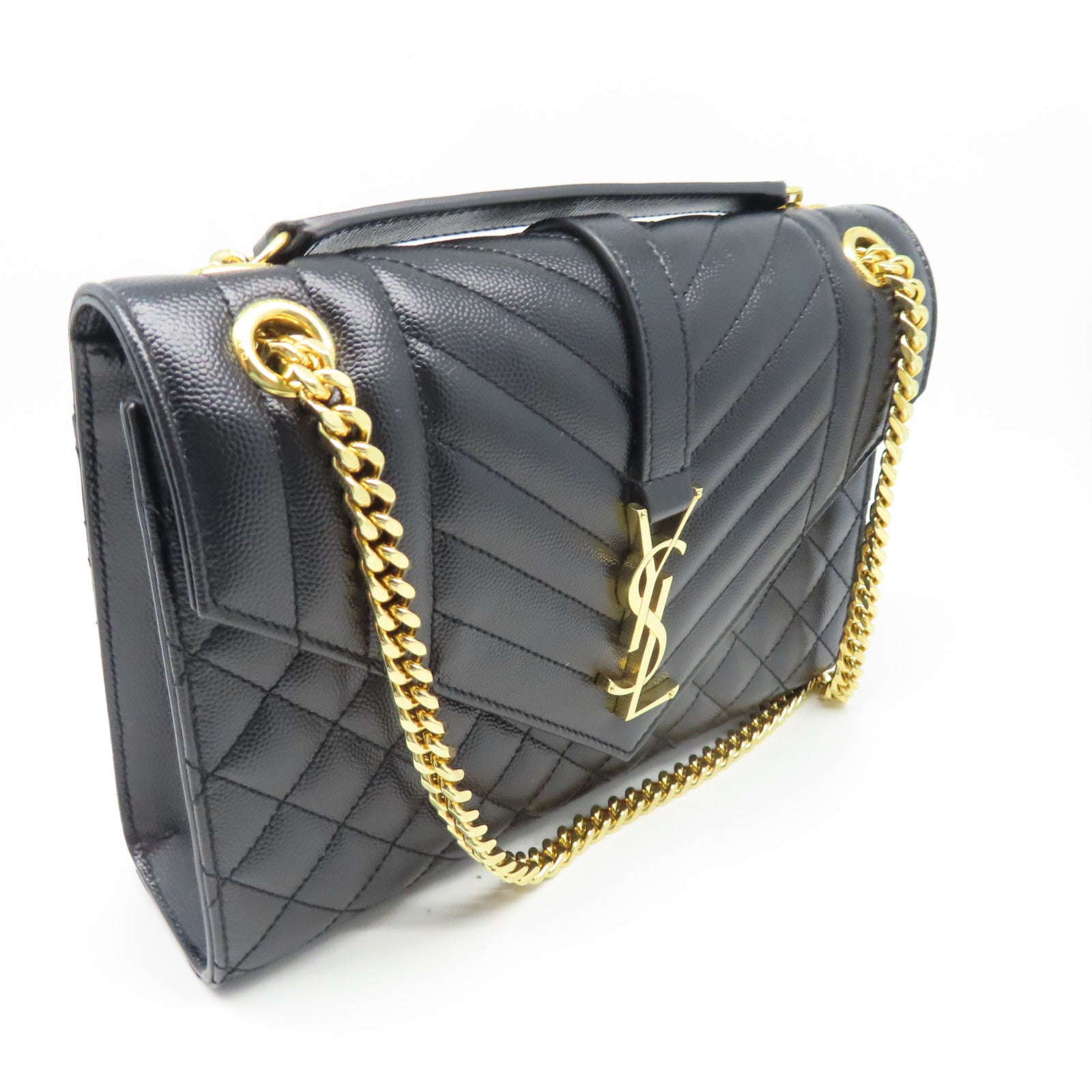 YVES SAINT LAURENT 斜紋牛皮皮革Envelope Medium Bag金扣鏈帶肩背袋黑色
