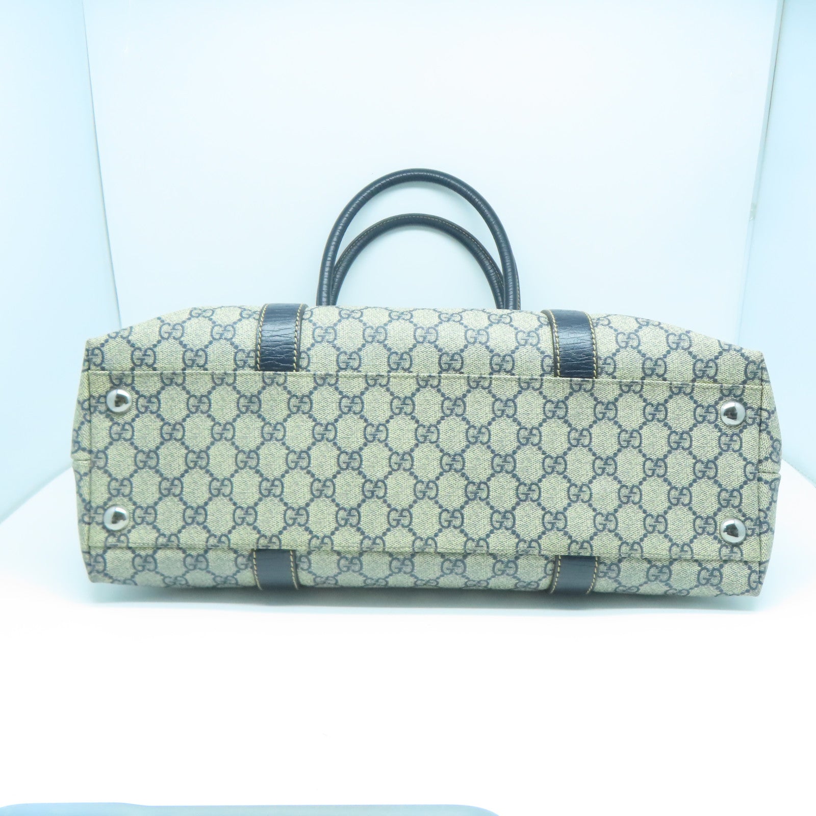 GUCCI 塗層帆布Tote Bag銀扣肩背袋灰色/藍色