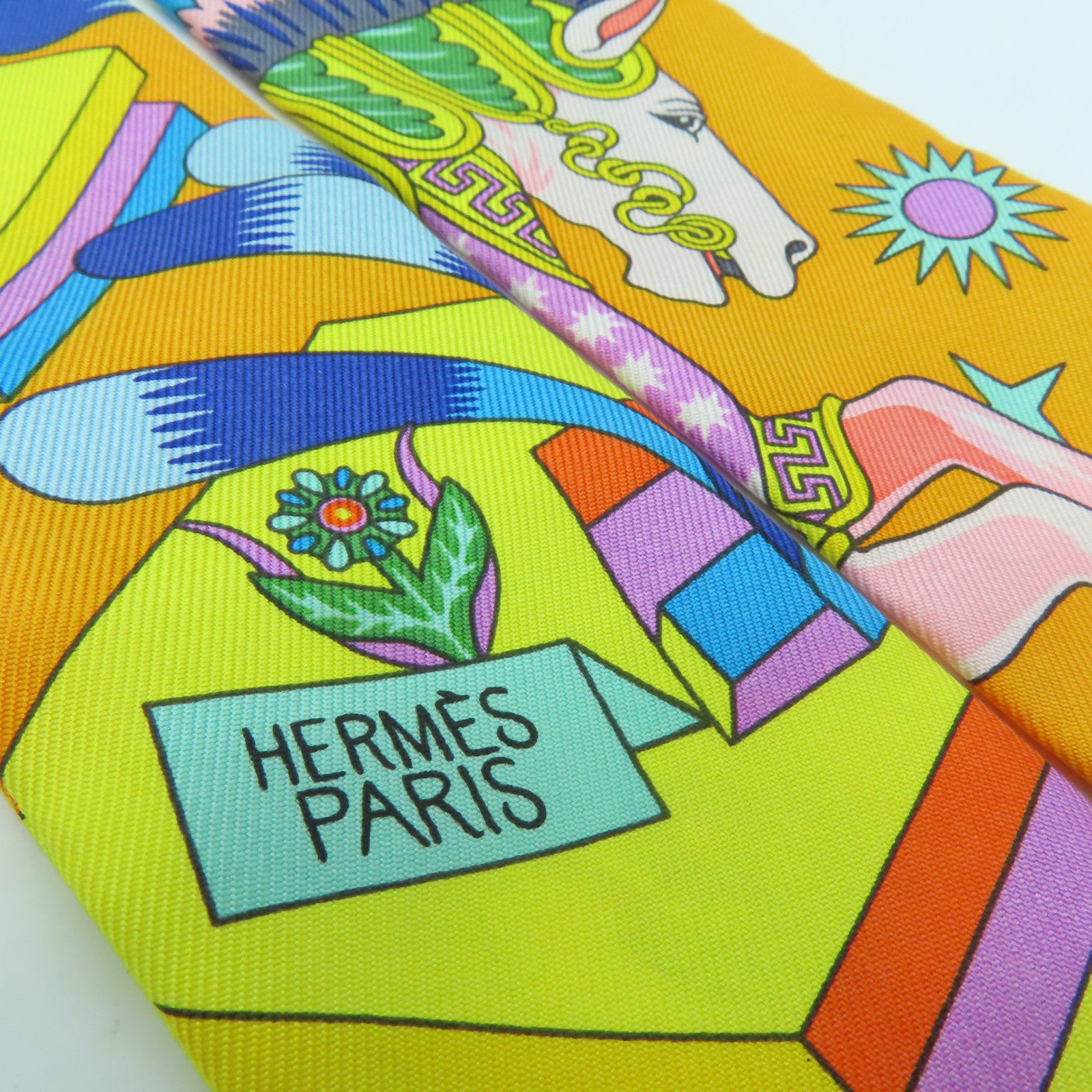 HERMES 絲質Twilly絲巾橙色綠色