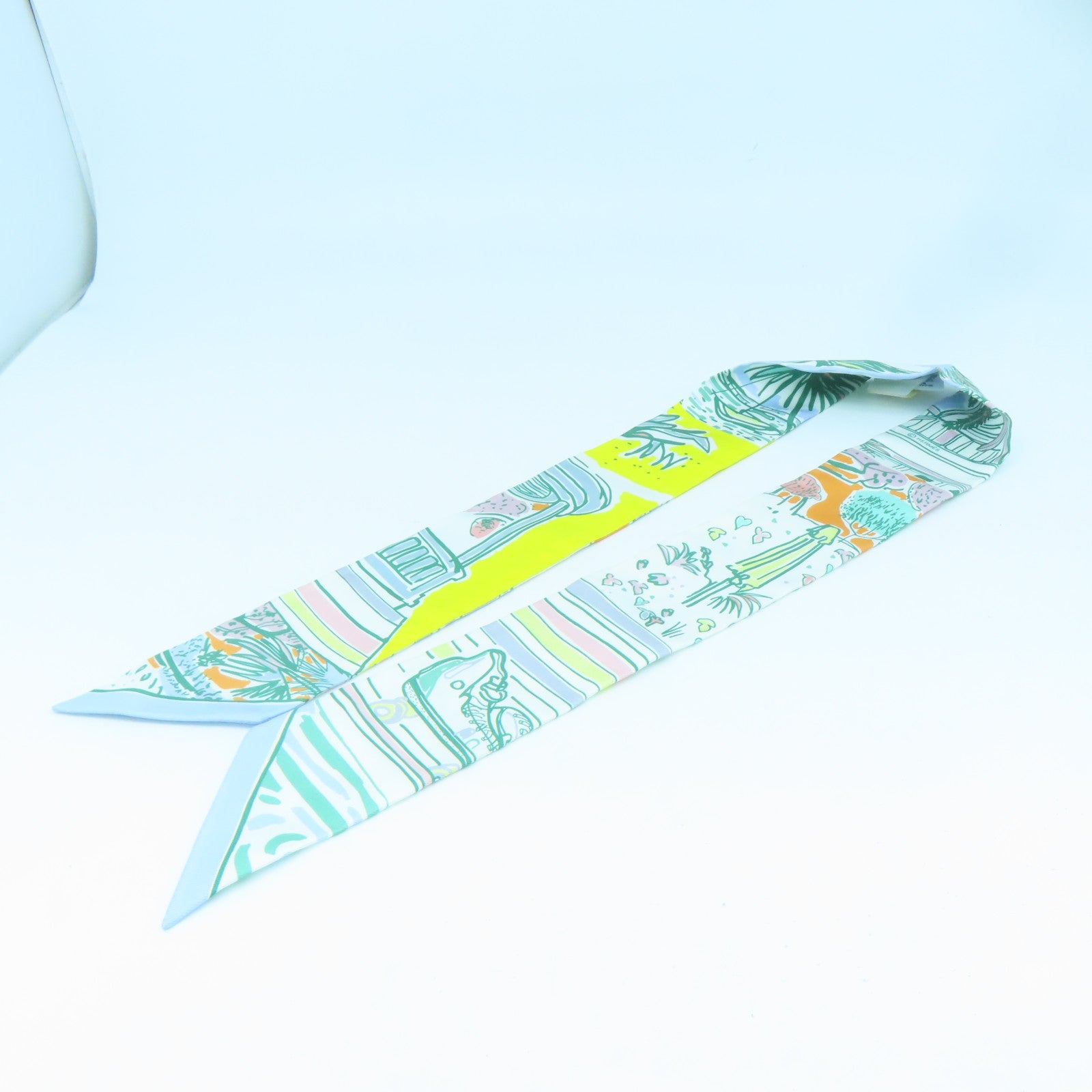 HERMES 絲質Twilly絲巾綠色/橙色/黃色
