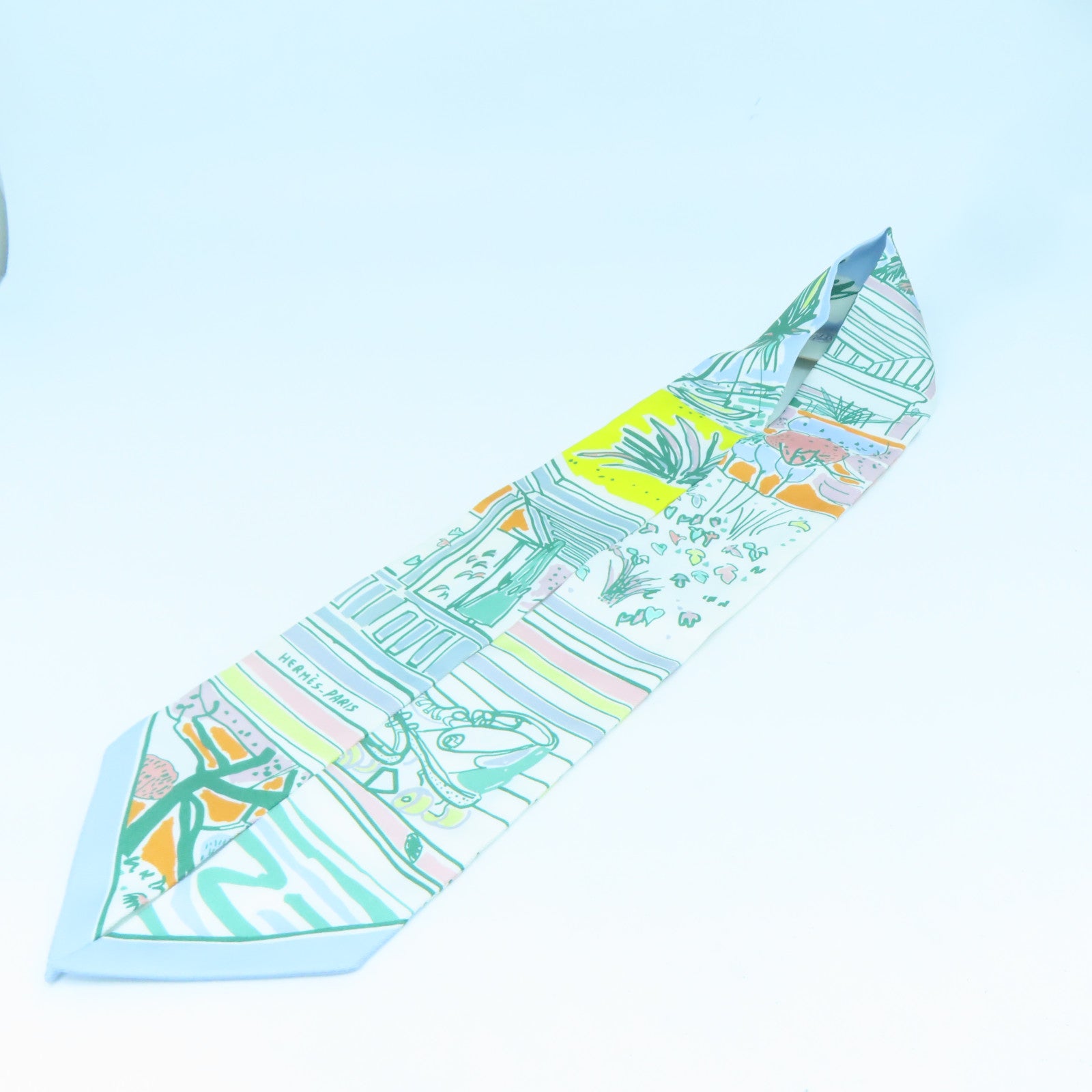 HERMES 絲質Twilly絲巾綠色/橙色/黃色