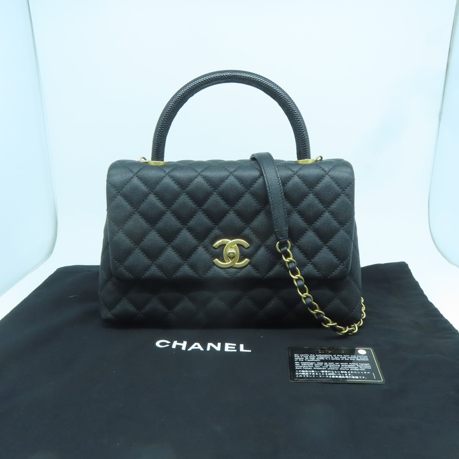 CHANEL 菱格Caviar皮革/蜥蝪皮革Coco Handle Medium金扣鏈帶手挽肩背兩用袋黑色