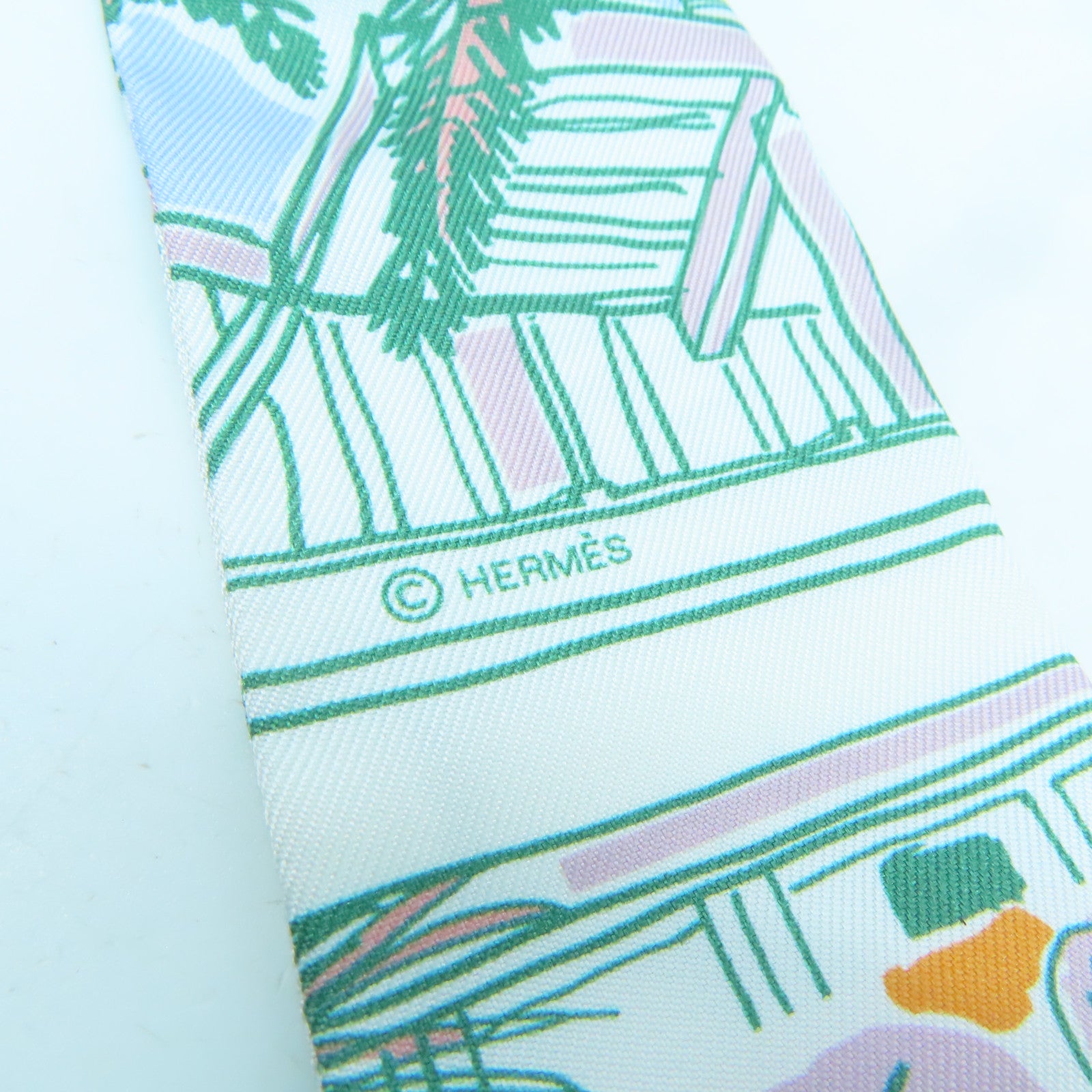 HERMES 絲質Twilly絲巾綠色/橙色/黃色