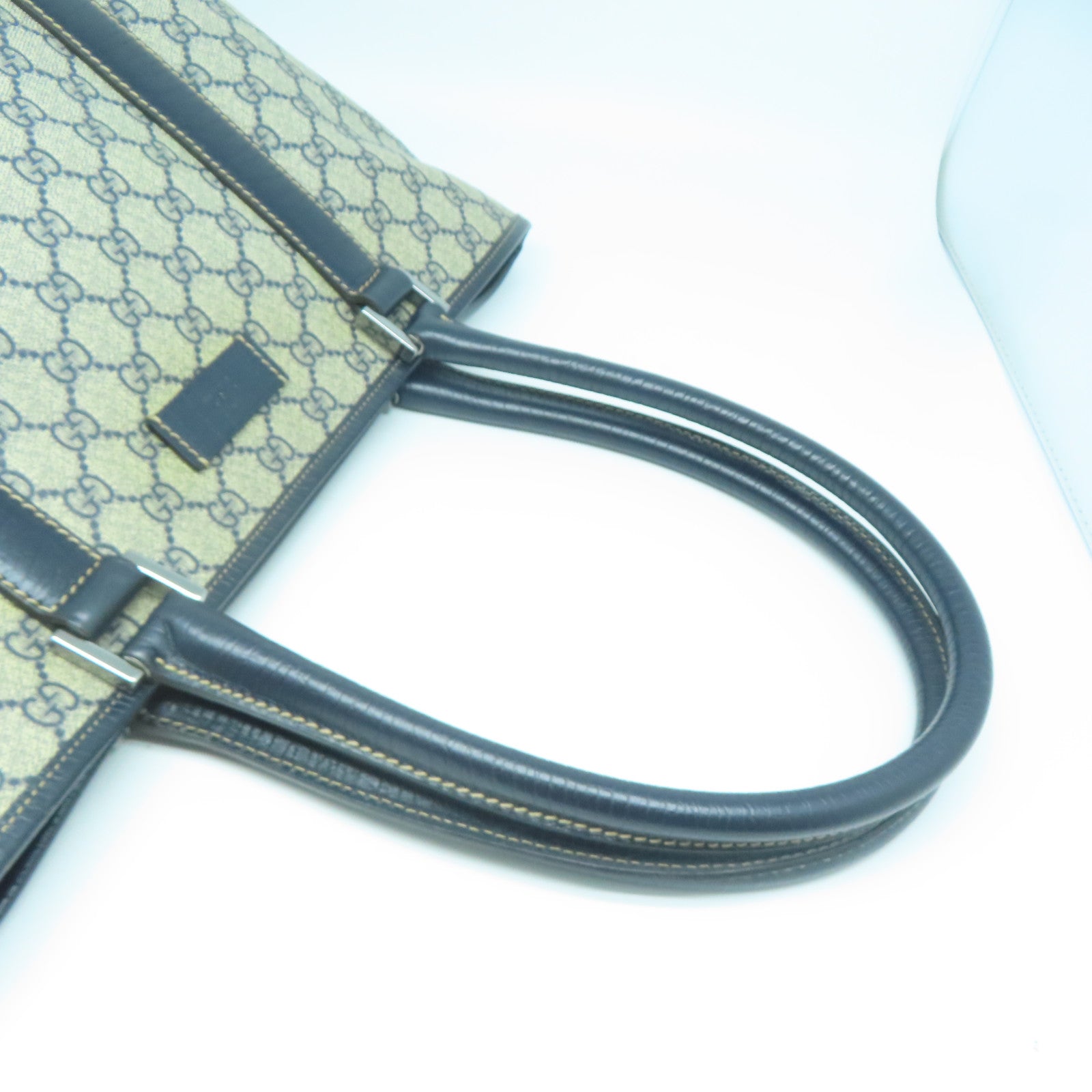 GUCCI 塗層帆布Tote Bag銀扣肩背袋灰色/藍色