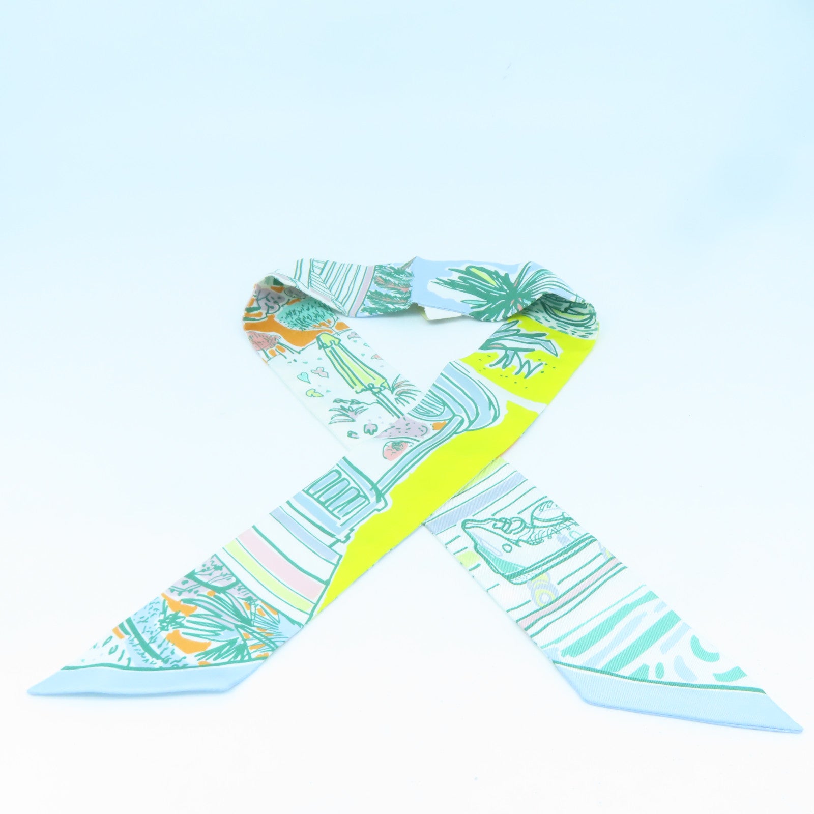 HERMES 絲質Twilly絲巾綠色/橙色/黃色