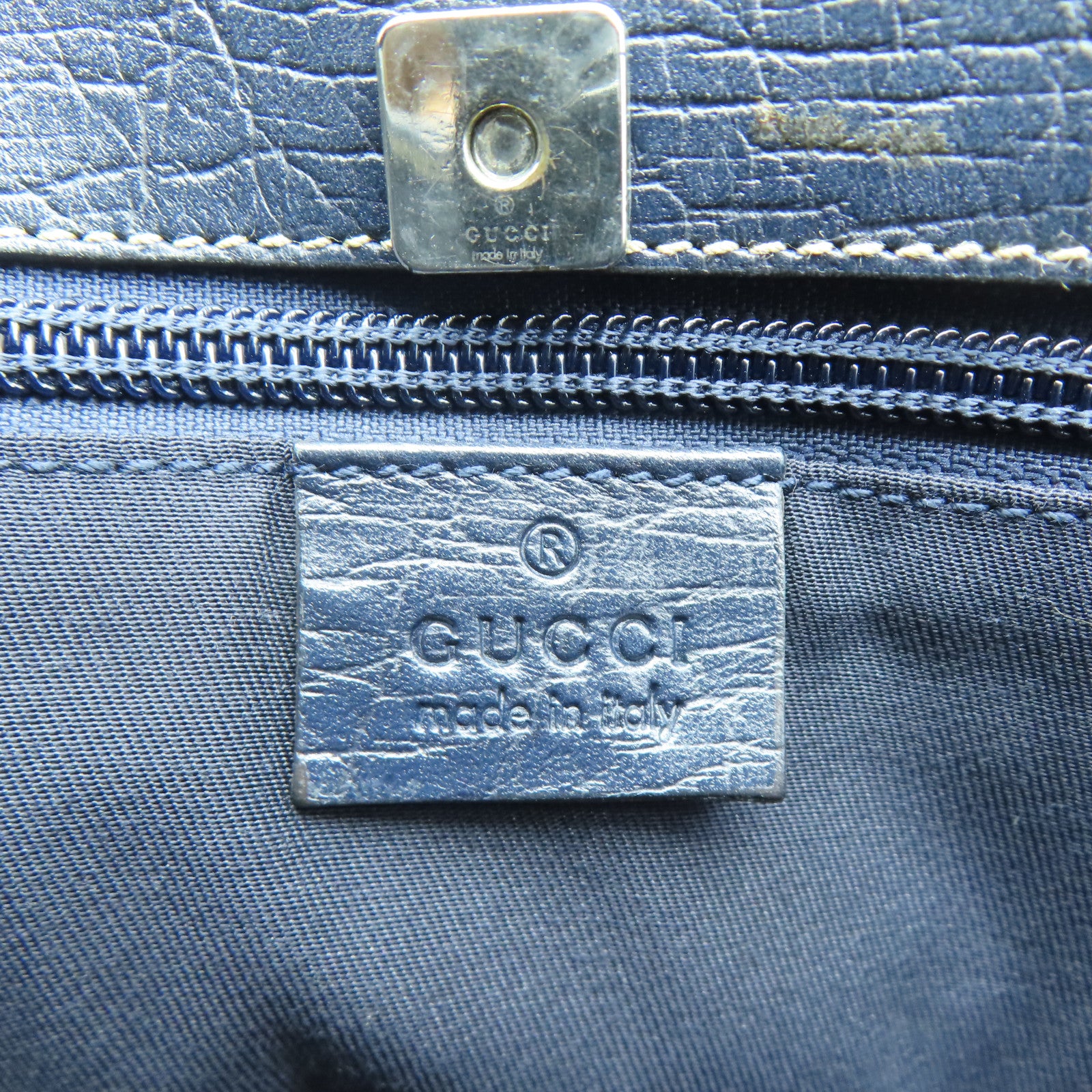 GUCCI 塗層帆布Tote Bag銀扣肩背袋灰色/藍色