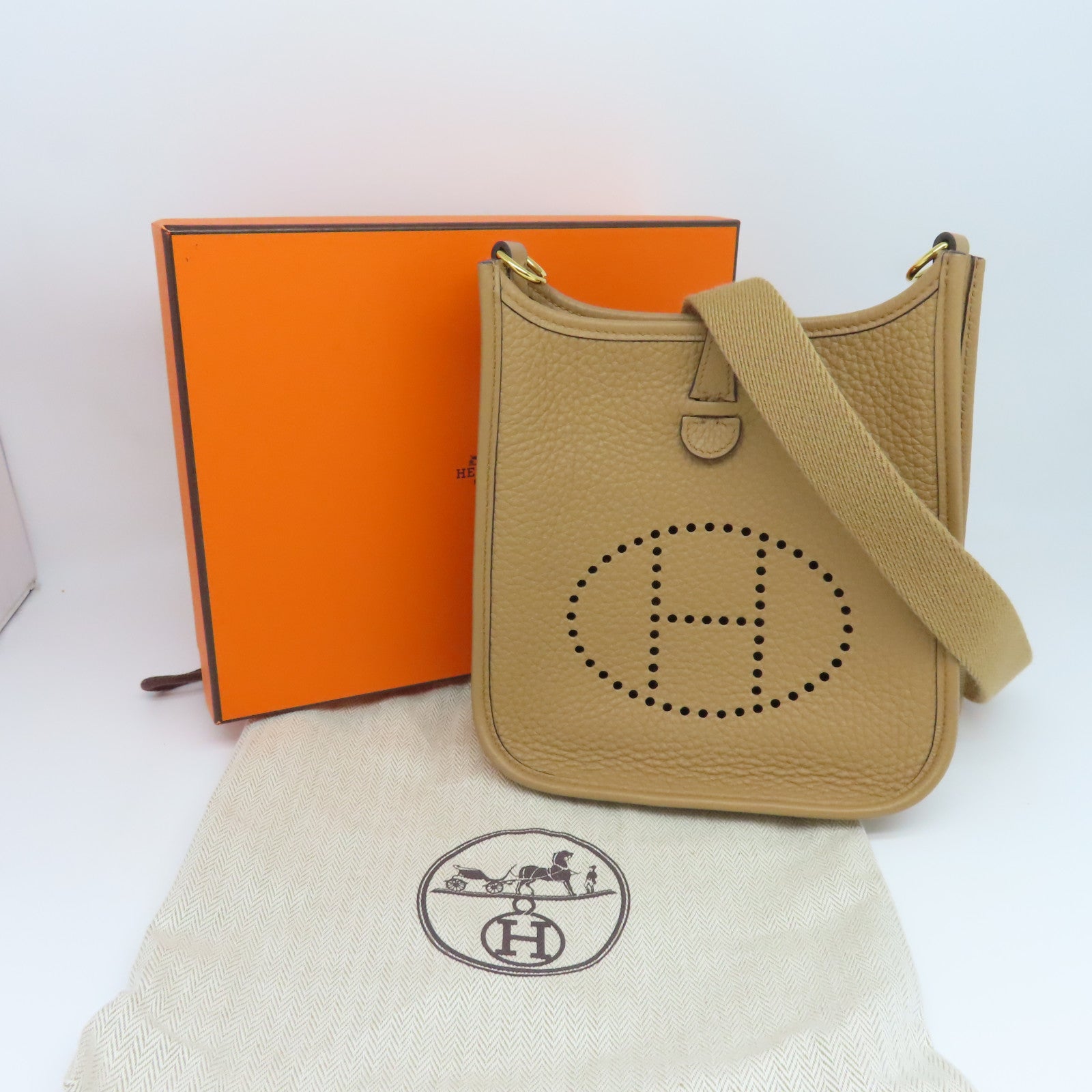 HERMES Clemence Leather Evelyne TPM Gold Buckle Shoulder Bag Brown