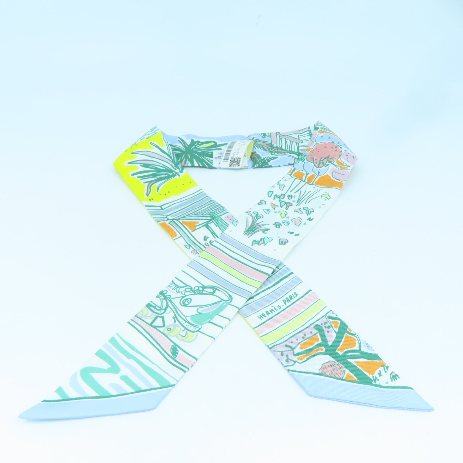 HERMES 絲質Twilly絲巾綠色/橙色/黃色