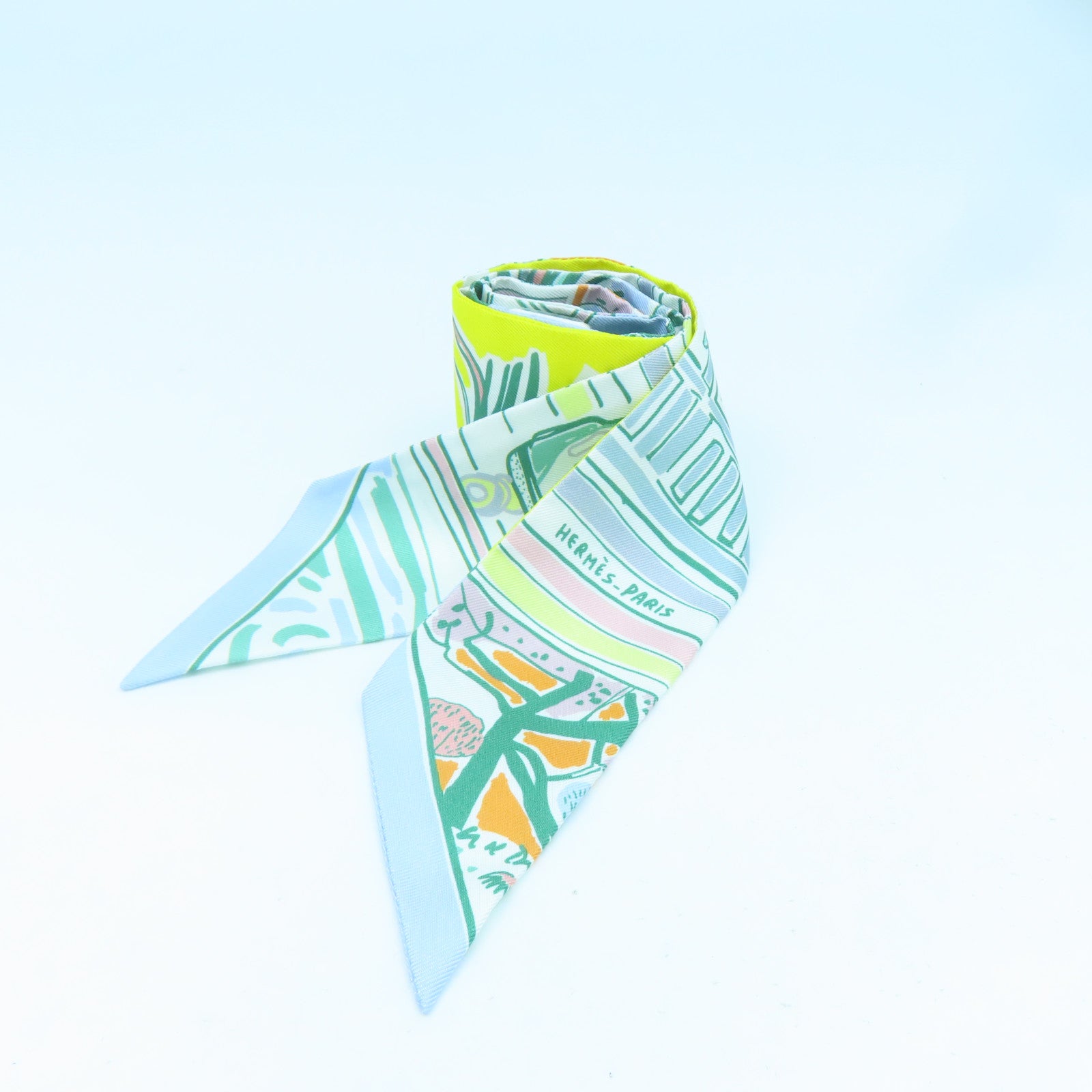 HERMES 絲質Twilly絲巾綠色/橙色/黃色