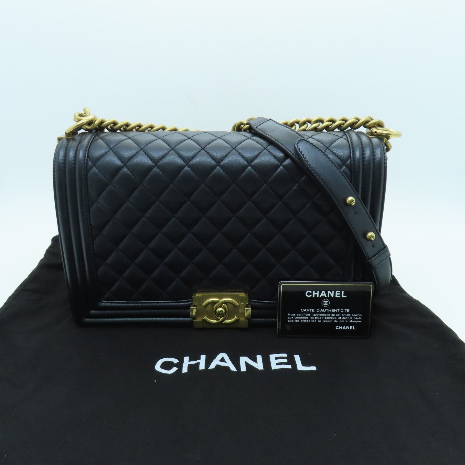 CHANEL Diamond Sheepskin Leather Boy 28cm Gold Buckle Shoulder Bag Black