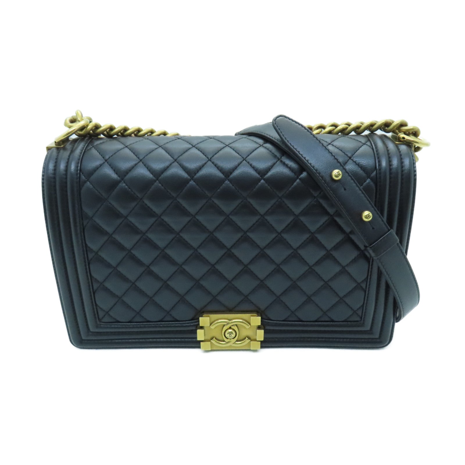 CHANEL Diamond Sheepskin Leather Boy 28cm Gold Buckle Shoulder Bag Black
