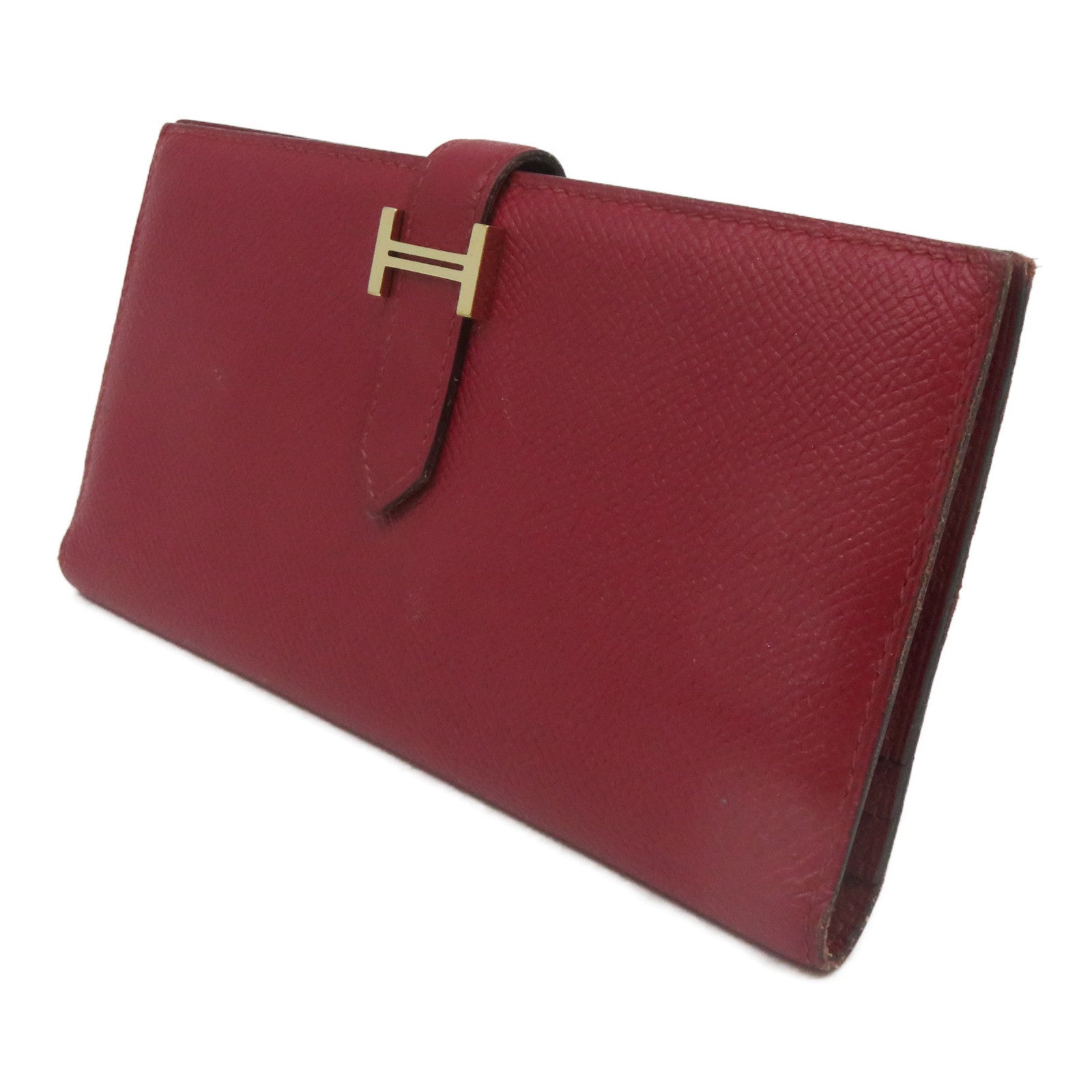 HERMES [Sharp Discount] Epsom Leather Bearn Long Wallet Gold Buckle Long Wallet Red/Rouge Grenade