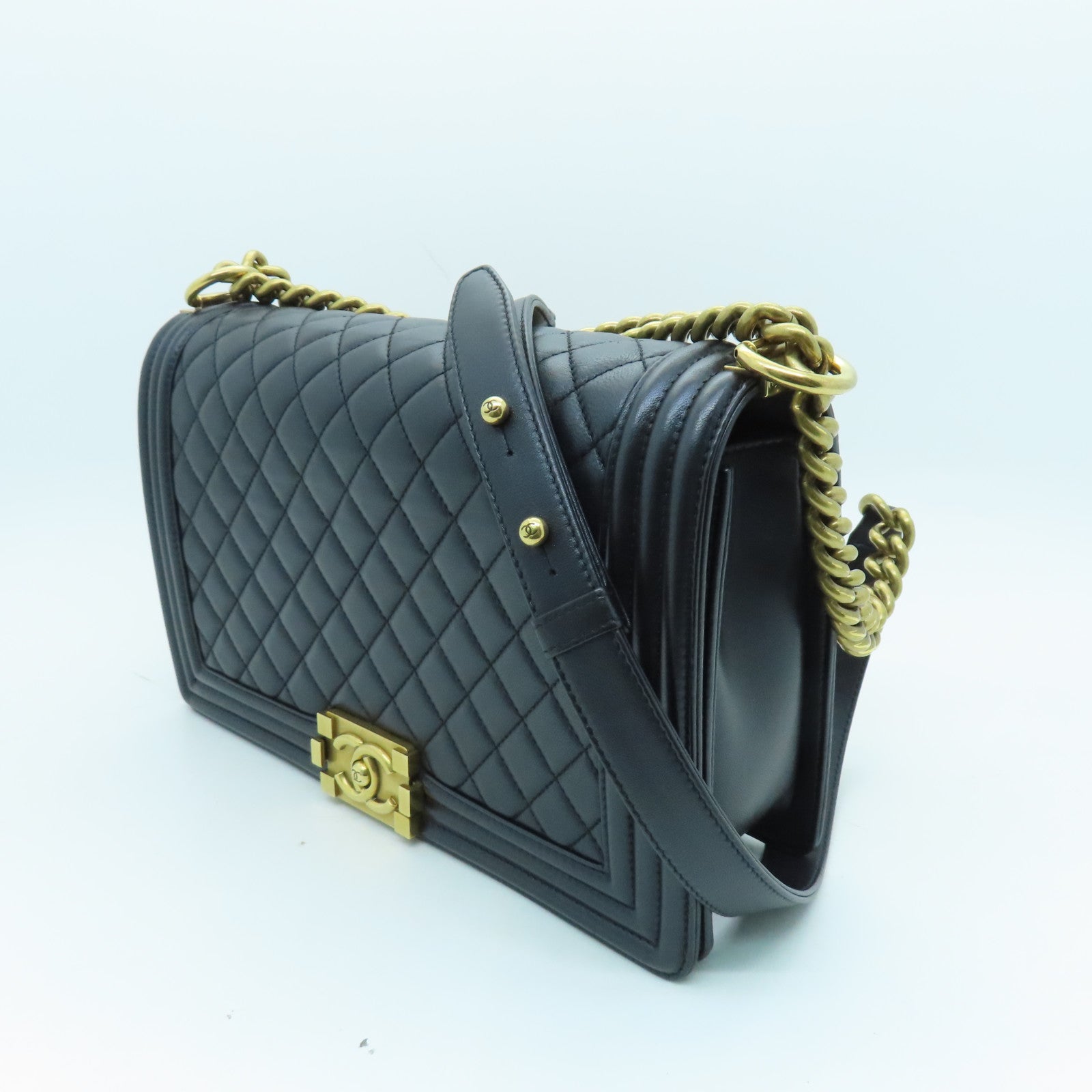 CHANEL Diamond Sheepskin Leather Boy 28cm Gold Buckle Shoulder Bag Black