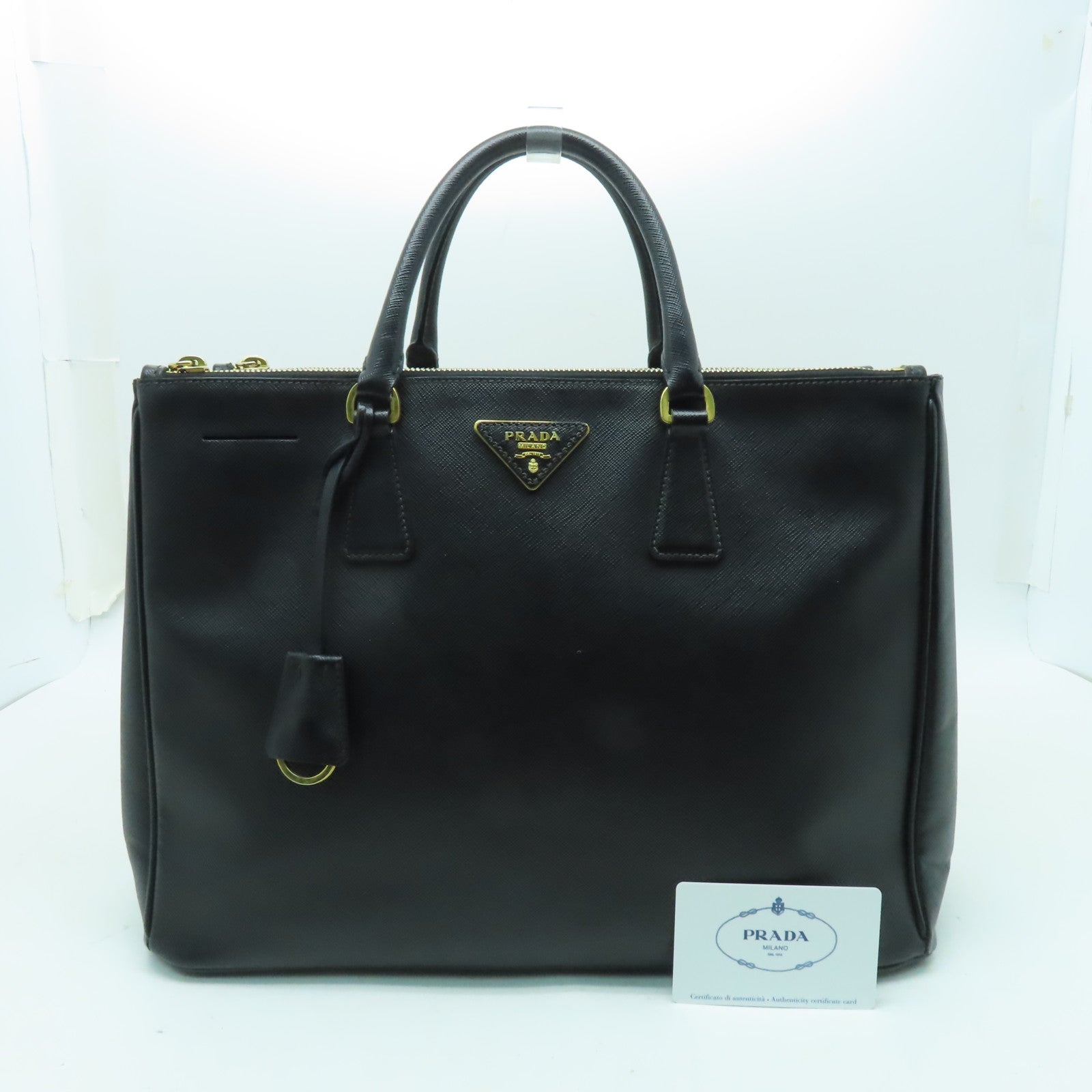 PRADA 牛皮皮革Galleria Handbag金扣手挽袋黑色