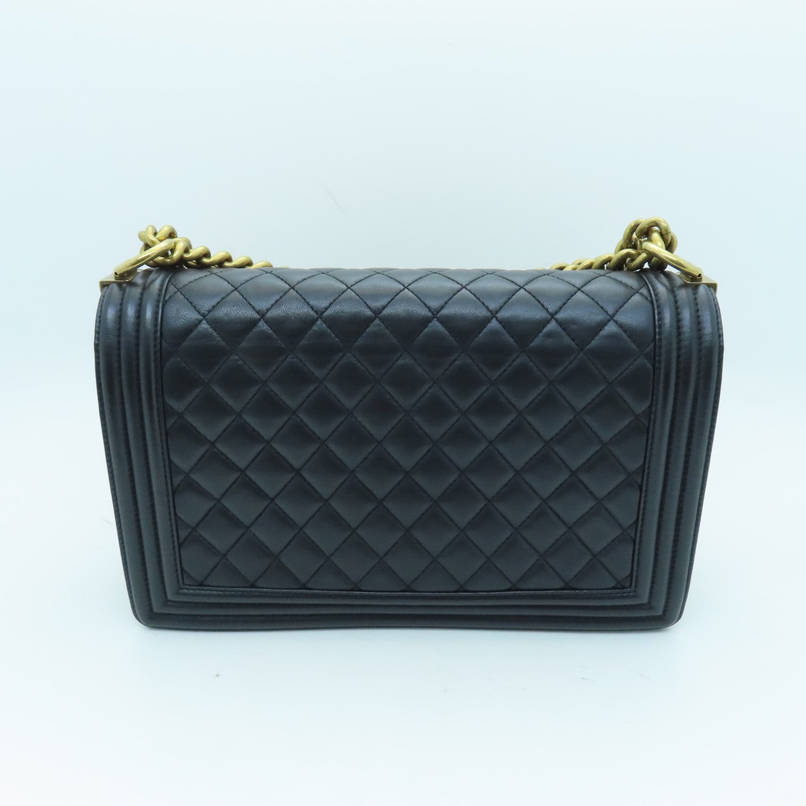 CHANEL Diamond Sheepskin Leather Boy 28cm Gold Buckle Shoulder Bag Black
