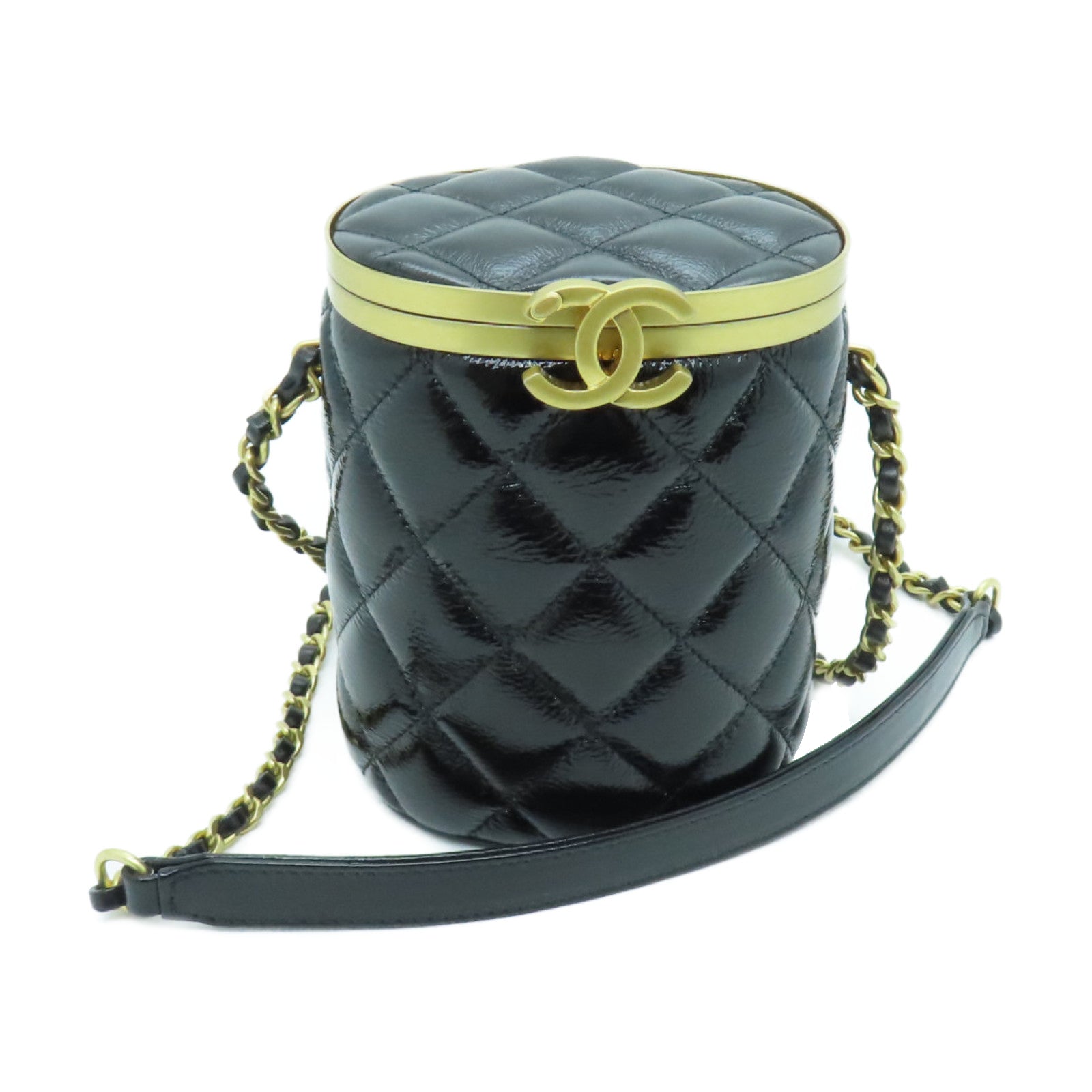 CHANEL 菱格漆皮皮革Chain Shoulder金扣鏈帶肩背袋黑色