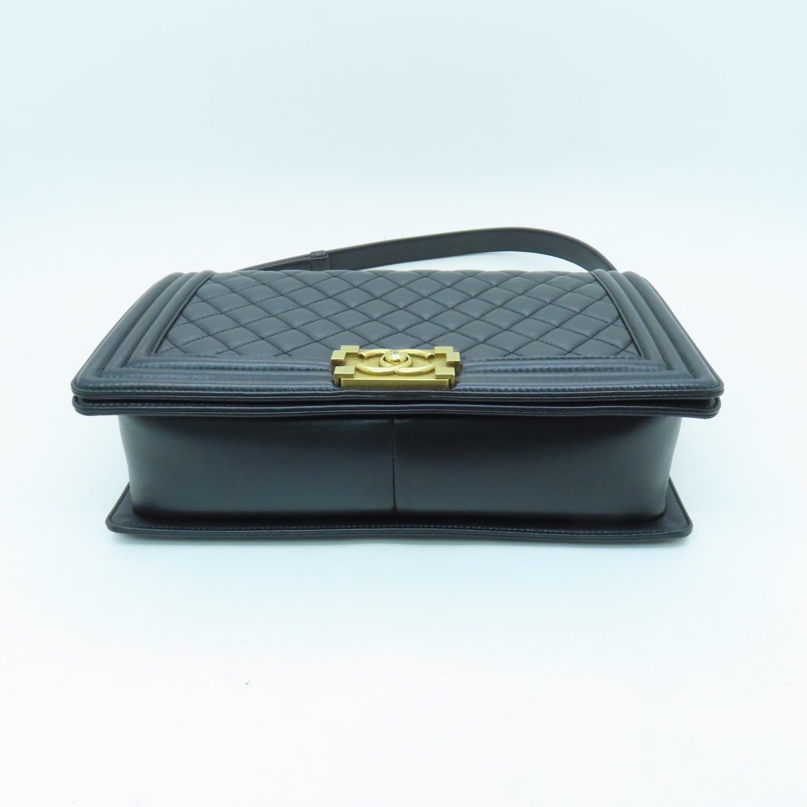 CHANEL Diamond Sheepskin Leather Boy 28cm Gold Buckle Shoulder Bag Black