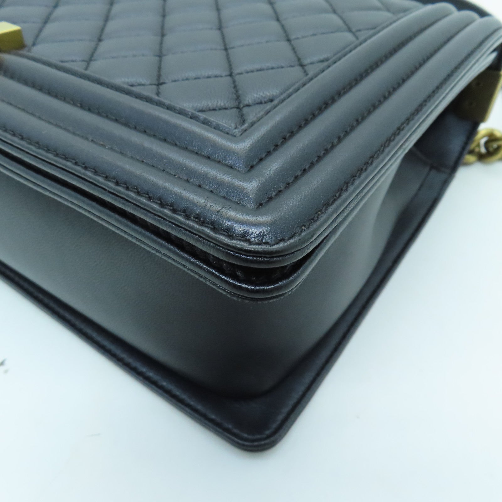 CHANEL Diamond Sheepskin Leather Boy 28cm Gold Buckle Shoulder Bag Black